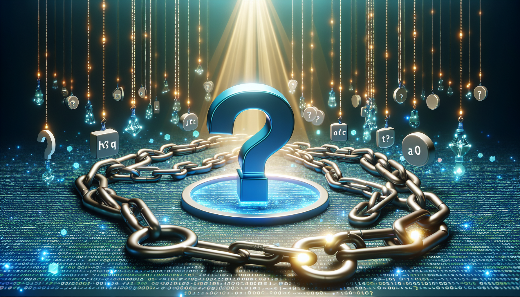 An image representing the concept of JavaScript's Optional Chaining Operator, without any embedded or displayed text, brand names or human figures. Picture a serene environment with electronic symbols, such as, circuit nodes, wires, resistor symbols floating around signifying object access. A hovering 3D question mark and period, positioned as if denoting a syntax, are connected with chains implying the complexity made simple. Rays of light pass through the chains demonstrating simplified access and ease. Background subtly illustrates binary code pattern to convey the theme of coding or programming.