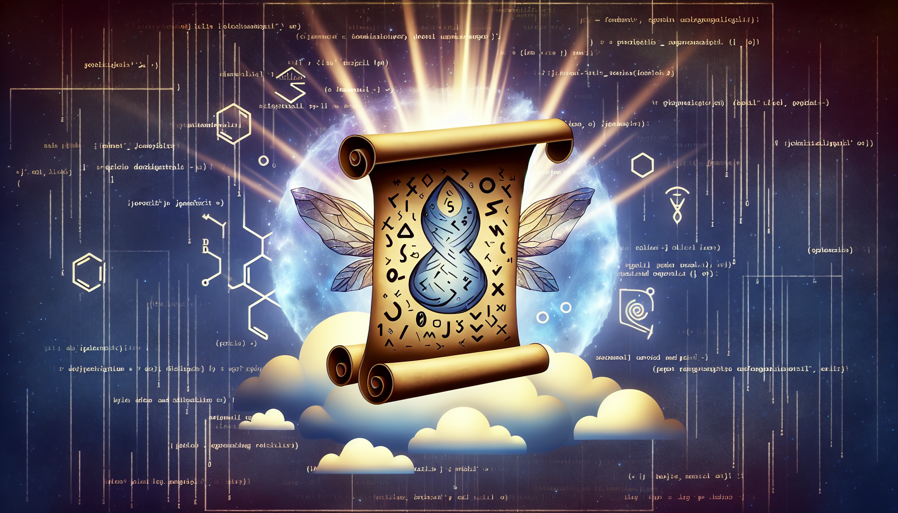 An abstract image representing JavaScript's Symbol Type. The centerpiece of the image should be a simplified, playful styled depiction of an ancient scroll, indicating 'fundamentals'. This scroll would open with various shapes and visual codes, a symbolic representation of JavaScript programming language. Etherial light rays should emanate from the scroll as if signifying discovery or enlightenment. It set on finite digital space background which is filled with binary codes and flowcharts subtly imprinted. To further denote JavaScript without violating the no text rule, include a wasp (Java is named after an island famous for its coffee and wasps). Please ensure that there are no people, brands, or text in the image.