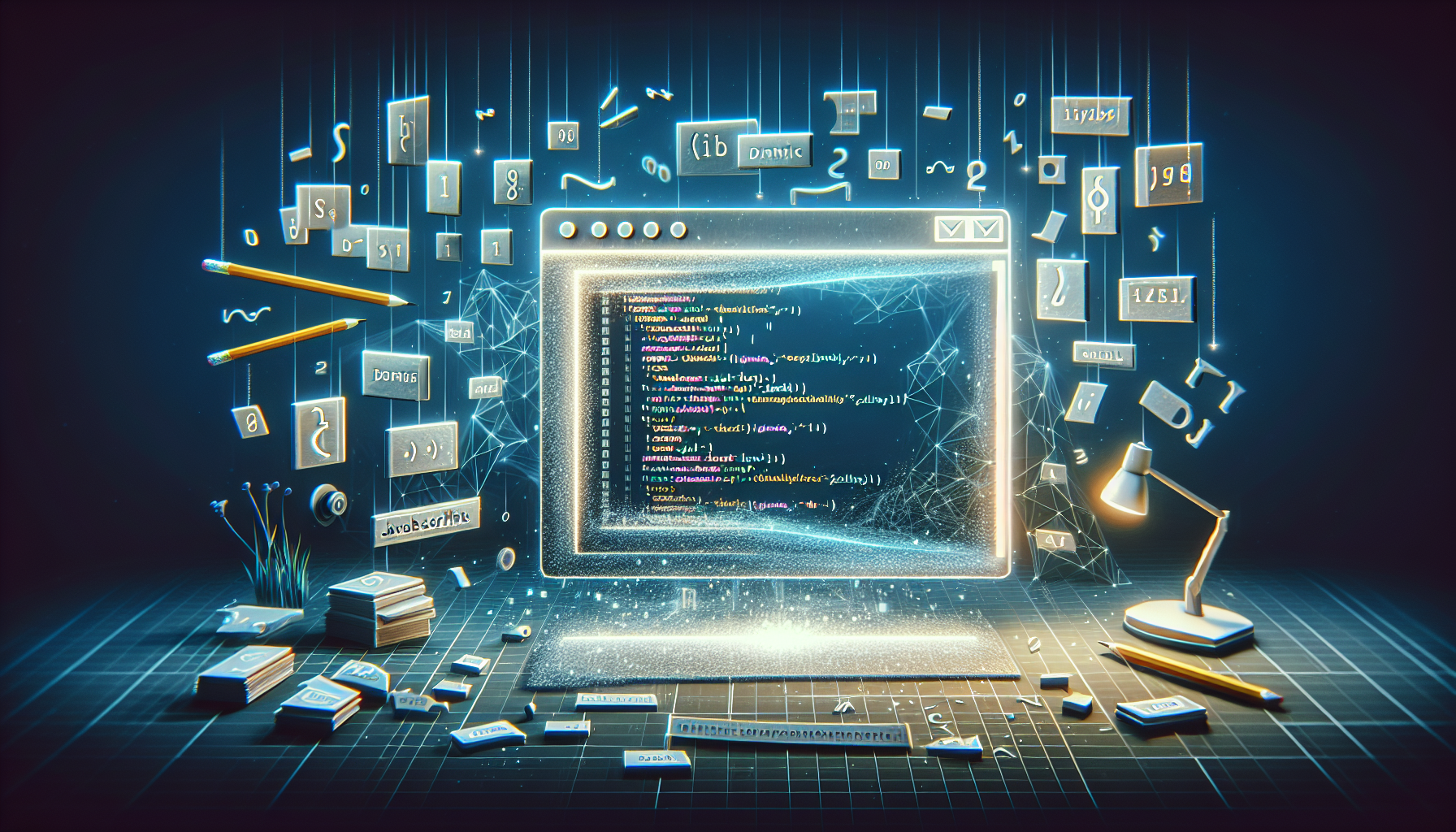 An abstract representation of a custom tab interface being built using basic coding elements. Visualize a neat desktop with a digital screen displaying dynamic code snippets, these snippets symbolizing Vanilla JavaScript. On the screen, emit a soft glow, portraying the active construction of a tab interface. The screen should be surrounded by other coding tools like binary numbers, brackets, and curly braces floating in the air but do not inscribe any text on these elements. The setting should contain no human beings, brand names, or logos.