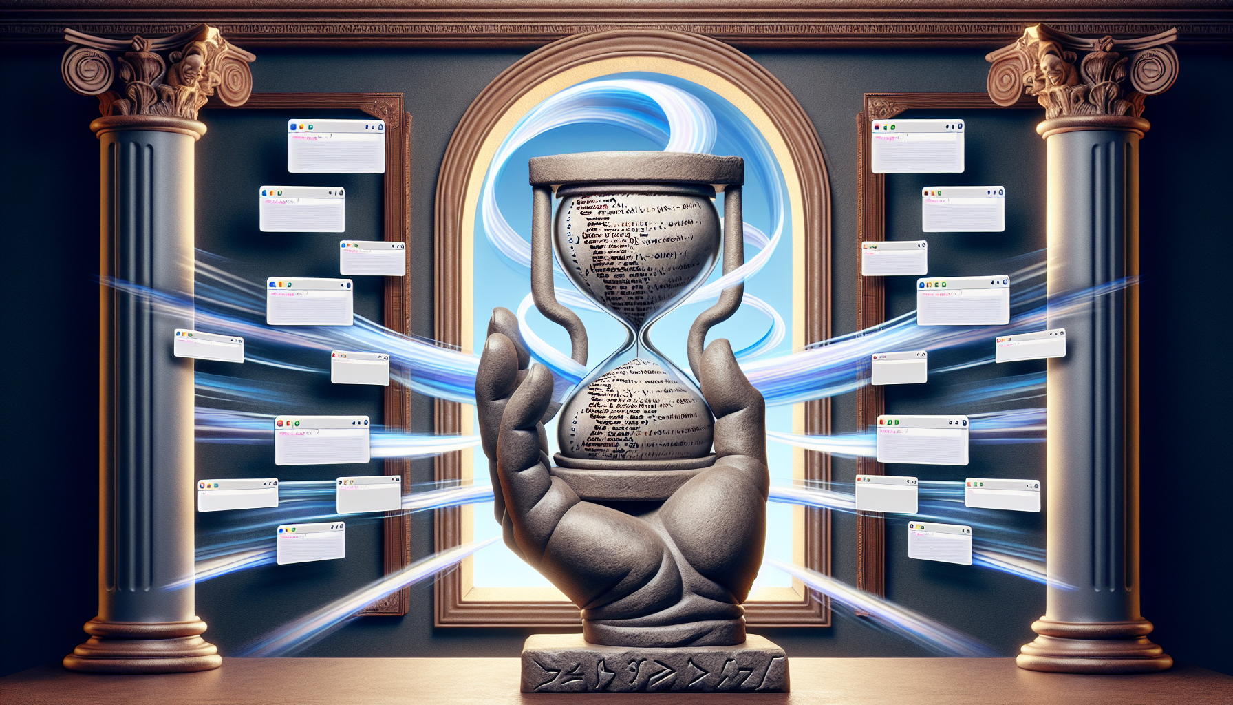 A visually symbolic depiction of a JavaScript code snippet ironically carved into a stone tablet held by a classic sculpture's hand, surrounded by browser window frames acting as windows on a grand library's wall. Additionally, visually represent fast-forwarding time with swirls around an hourglass signifying 'quick tasks', but without showing any text, brand names, or people within this composition.