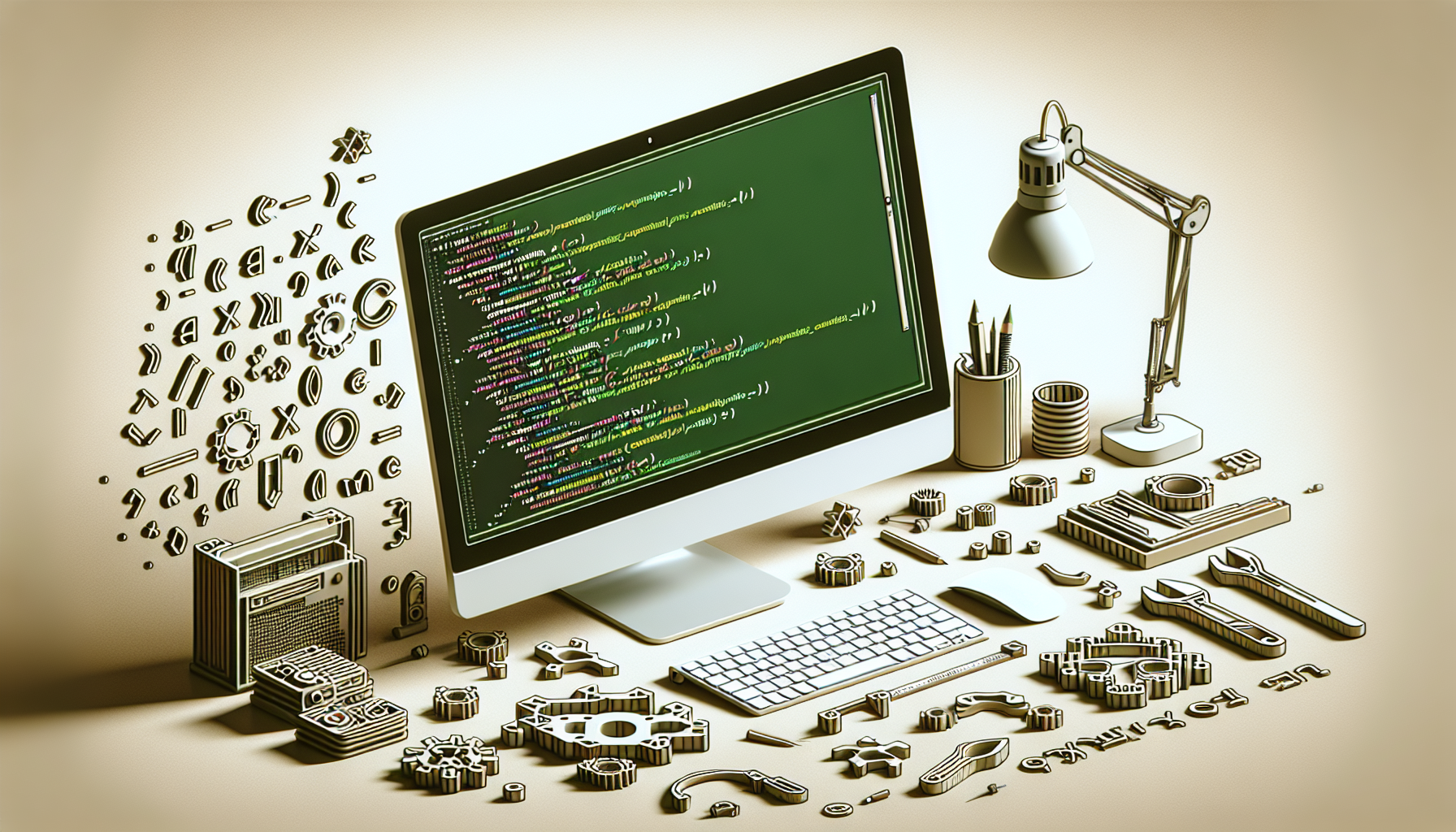 Visual representation of command line interface tools being constructed with Node.js and JavaScript. The setting is a coding workspace devoid of people. Display a clean, light-coloured desk with a modern computer setup displaying green lines of code on the unbranded monitor. Scattered on the desk, depict symbols associated with Node.js and JavaScript, such as round brackets, curly braces, semicolons, but without turning them into text or brand logos. Also, show gears, nuts, bolts, and tool-like shapes around the desk to symbolize the building process.