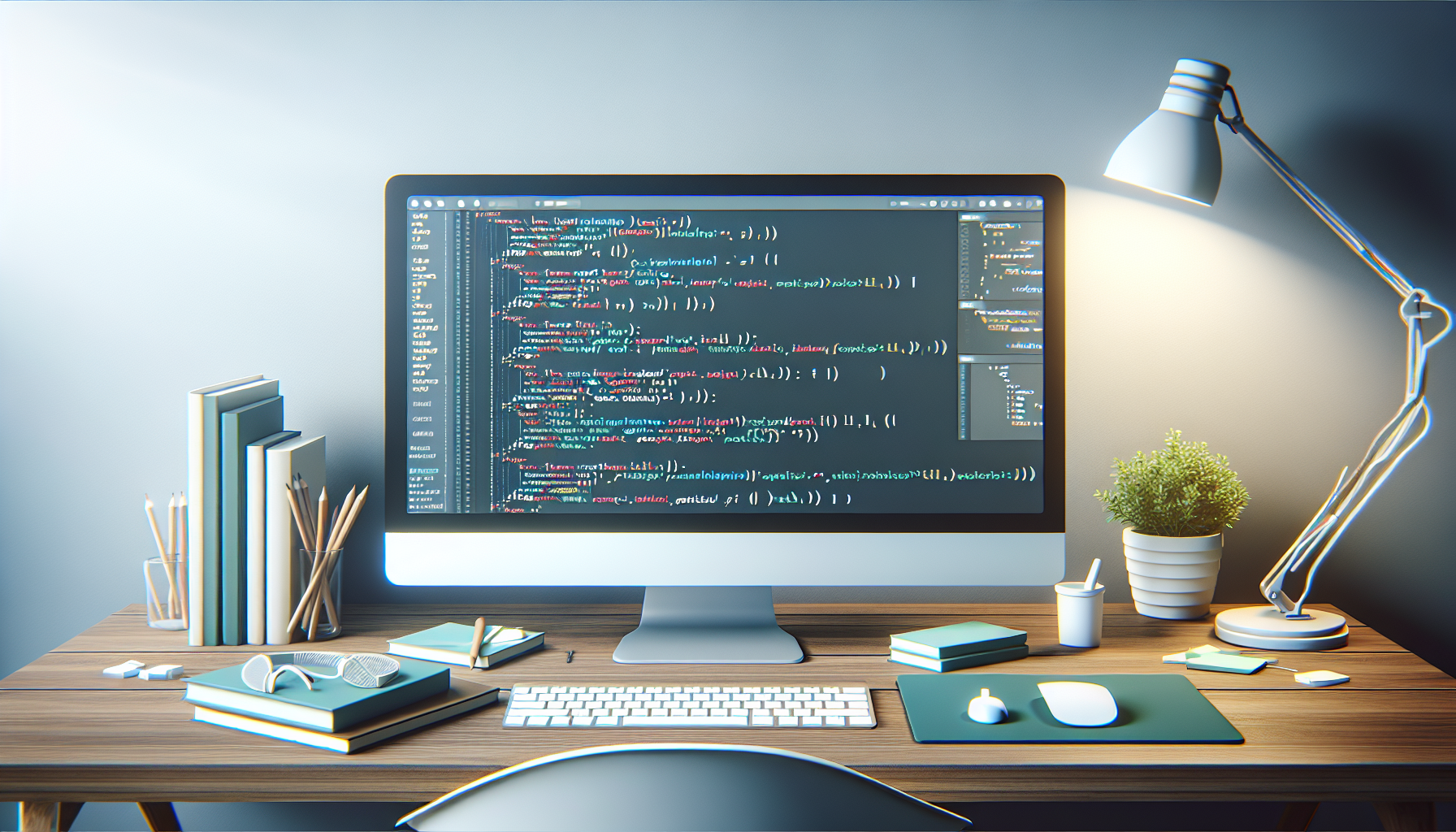 Visualise a web development environment with a computer monitor displaying coding elements. The focus of the code should be JavaScript, with an illustration of interactive data tables on the screen. The screen, keyboard, mouse and coding-related books are set on a clean wooden desk. The room is modern and minimalist, with plain walls, and there's perhaps a potted plant for a bit of greenery. Make sure no brands, logos, or text appear in the image.