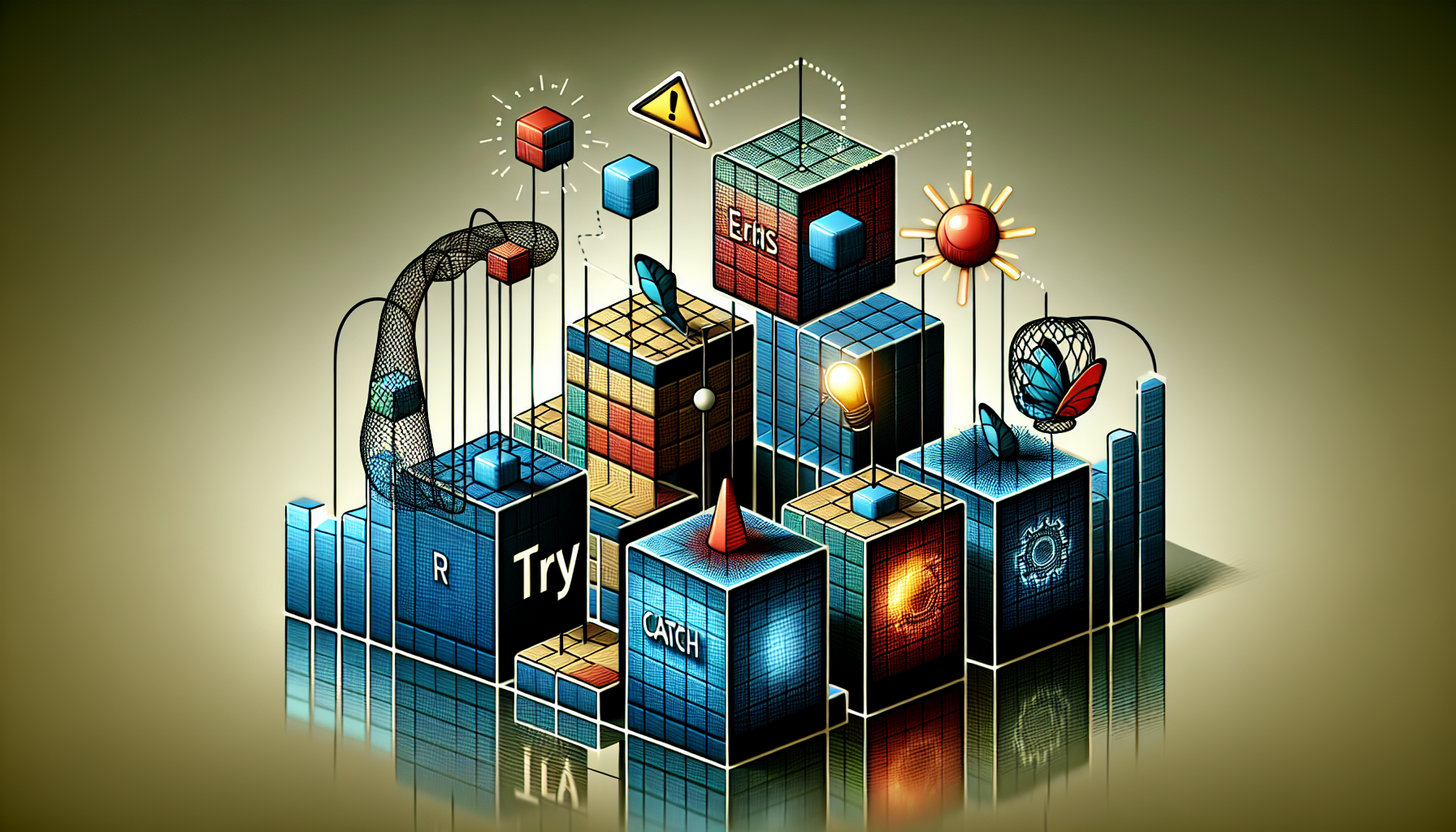 A conceptual representation reflecting error handling techniques in JavaScript. Imagine a sequence of three distinct cubes. The first cube represents the 'Try' block, embodying abstract shapes and colors notifying a testing phase. Moving on to the second cube which symbolizes the 'Catch' block, imagine it portraying trapping elements such as nets and cages, along with error signals like red lights and caution symbols. Lastly, the third cube being the embodiment of the 'Finally' block, visuals of resolution and finality like a solved puzzle or a closed book can be incorporated. All elements must be devoid of identifiable logos, brand names or text.