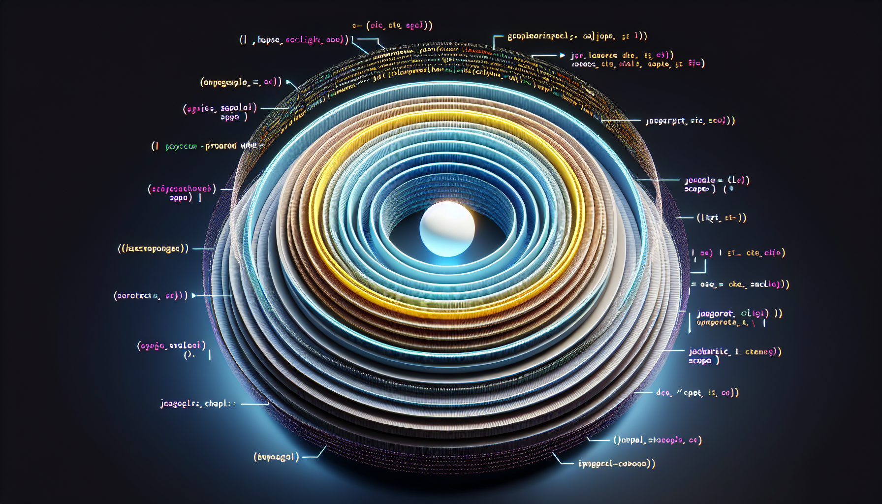 An abstract representation showcasing the concept of a JavaScript closure. Imagine a 3D floating sphere enveloped by multiple layers, each representing a different scope level. Innermost is a PNG symbol for a variable, depicting it is preserved within these scopes. Surrounding it are other JavaScript code symbols to indicate the broader concept. Make sure there are no text, humans, brand names, and logos involved in this image.