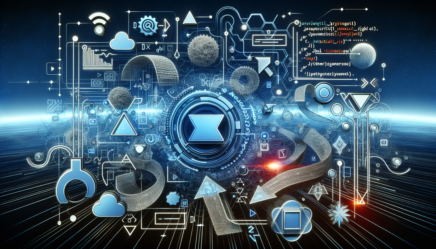 An abstract representation of JavaScript code invoking an AJAX call. Include in the image various visual elements related to computer programming such as a stylized JavaScript logo, some curly braces indicative of coding blocks, a graphical representation of asynchronous data transfer. Imagine arrows in a non-linear path to suggest the async nature of AJAX. All these elements should float on a backdrop representing digital space. Remember not to include any brand logos, text, or humans in the image.