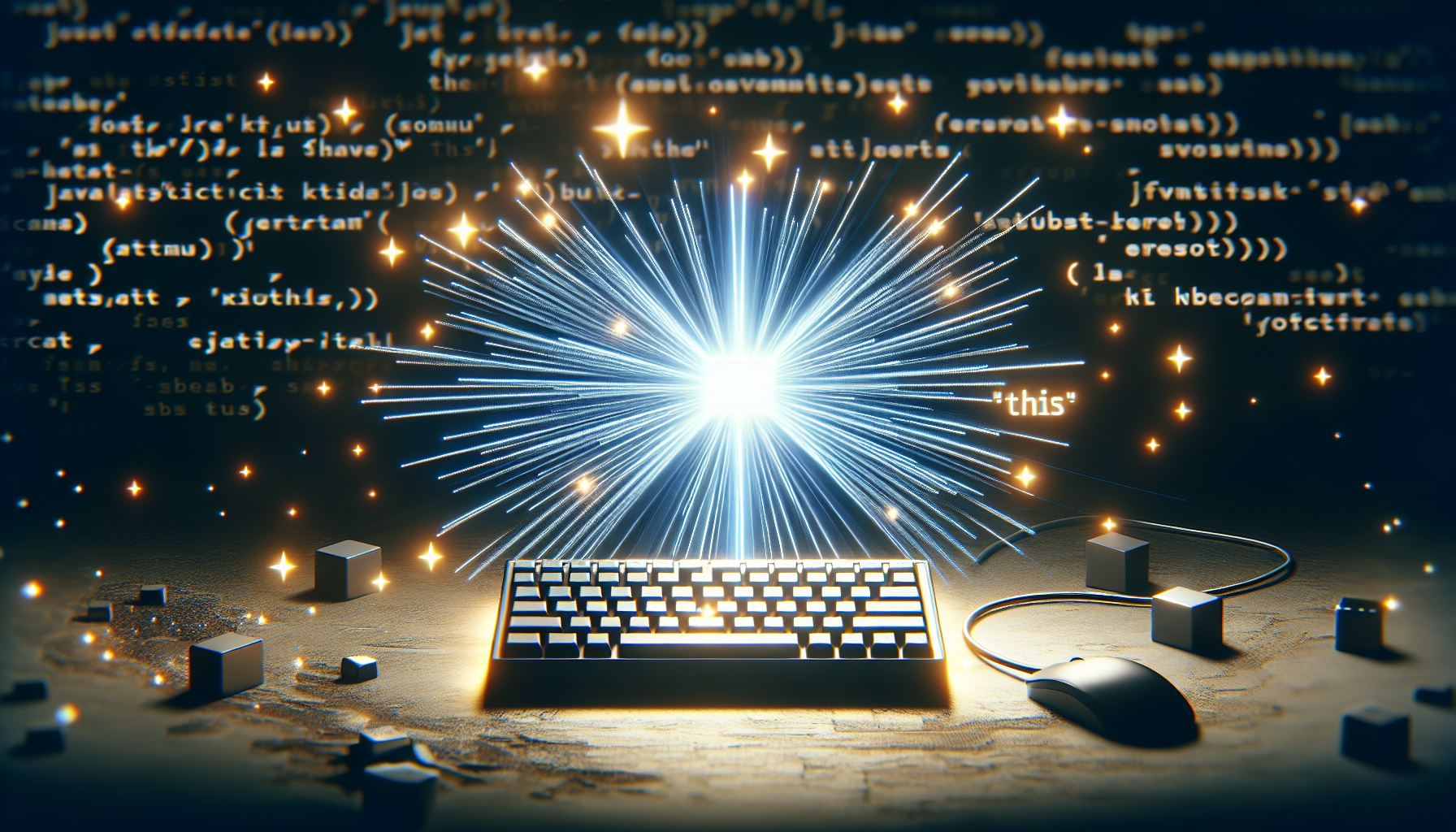 Create an image symbolizing the JavaScript programming language without featuring text, brand names, or people. The scene should depict a computer keyboard, emitting glowing rays of light to represent the 'this' keyword. The rays can take on the shape of keys, indicating their usage and importance in JavaScript programming. This image should be clear, concise, and professionally done, ensuring it is suitable for usage in any programming related article.