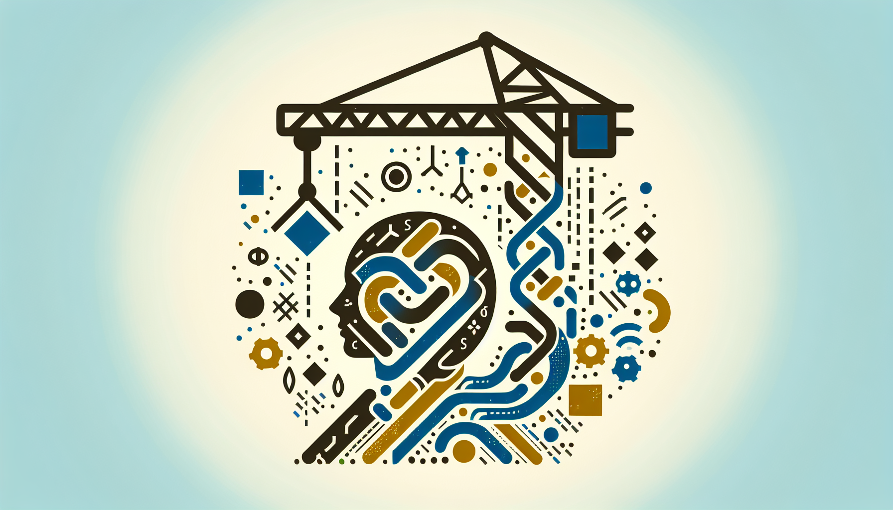 Create a clean, digital artwork representing the concept of JavaScript hoisting, without using any text or human figures. Show a symbolic crane intertwining with generic coding symbols, lifting them skywards to represent the hoisting procedure. Predominate colors should be browns and blues, with a touch of yellow for the crane. Maintain a flat design aesthetic with minimal details but clear iconography. Exclude any brand logos or names and ensure no text appears anywhere within the design.