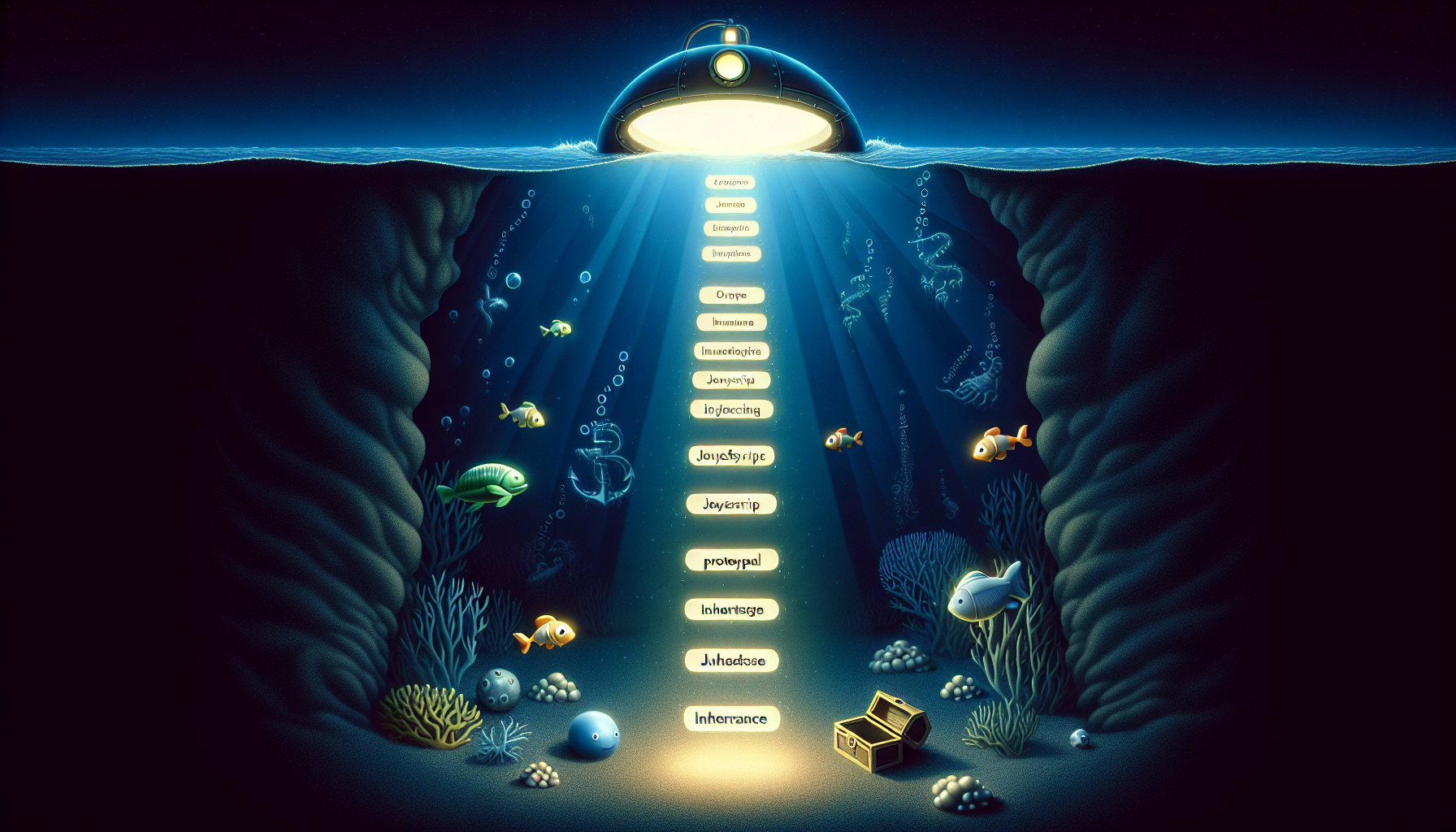 An accurate representation of the concept of JavaScript Prototypal Inheritance, visualized as a deep-sea dive. At the top, show the JavaScript language logo, stylized to resemble an open hatch of a submarine. Indicate a pathway going deep down into the ocean, passage illuminated by light beams, symbolizing the inheritance hierarchy. Emphasize on diverse sea creatures to symbolically represent different JavaScript objects. Also, include a treasure chest at the deepest part of the scene, to symbolize highly coveted knowledge or insights. It should be dark, mysterious and intriguing, yet educational. Please ensure no text, brand names, logos, or people are included.