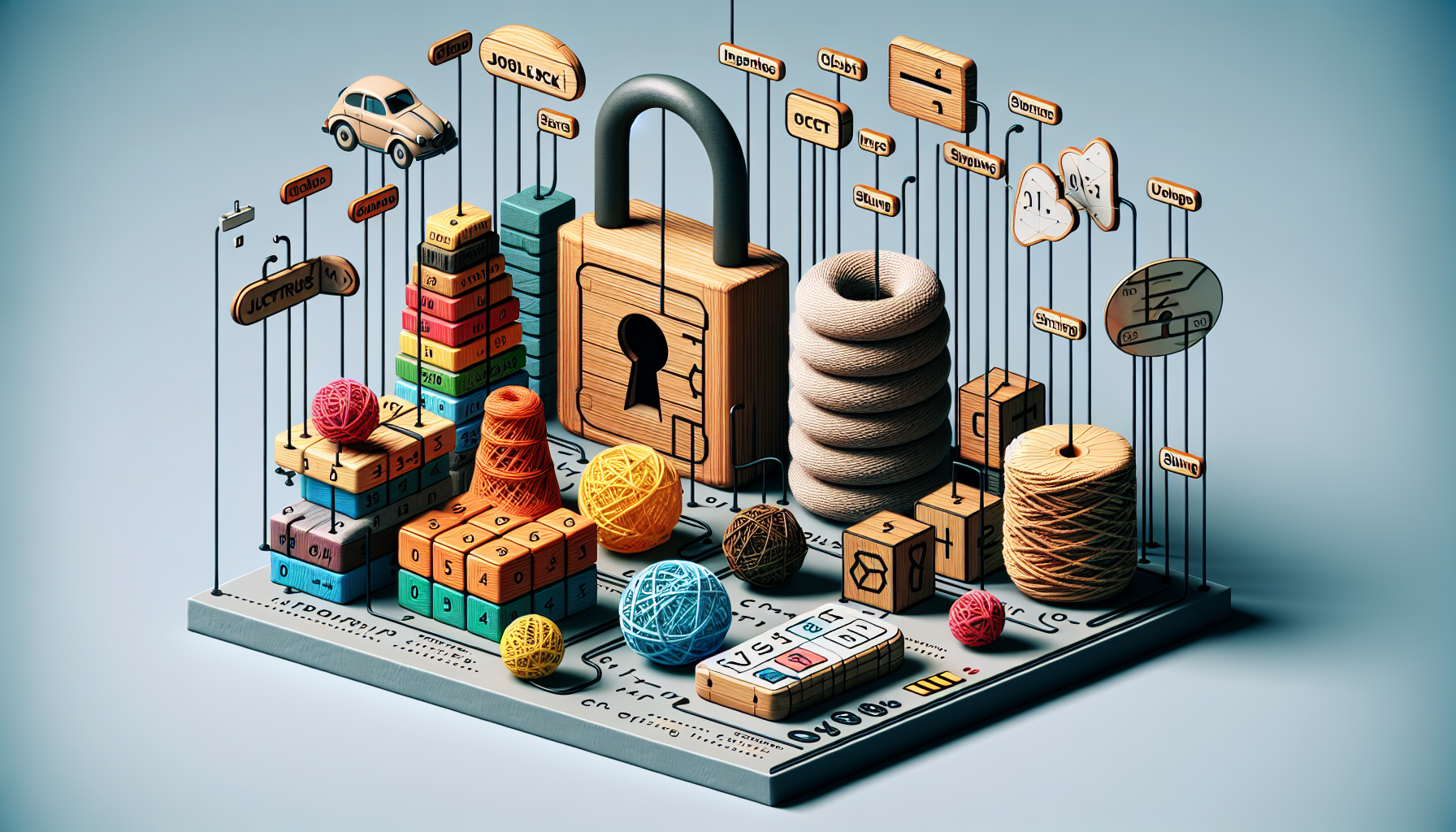A detailed, informative and symbolic representation displaying abstract concepts related to JavaScript data types. Included should be visual metaphors for various data types such as a padlock to represent a Boolean, a pile of wooden blocks with numbers painted on to represent integers, a roadmap for object data types, and intertwined yarn for strings. Make sure no brands or people are depicted in the scene and include no textual information on any items.