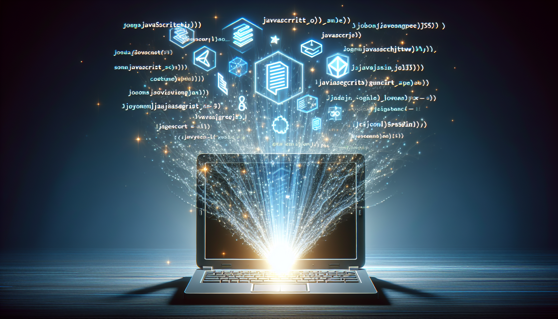 Visual representation of coding concepts involving JavaScript and JSON for a data-focused article. Depict a generic laptop emitting radiant light from its screen, inside which, show symbolic illustrations of coding commands and data lines, floating weightlessly in digital strands. Ensure no people, brand names, logos, or any kind of text is present in the imagery, adhering strictly to the request for a purely graphic representation.