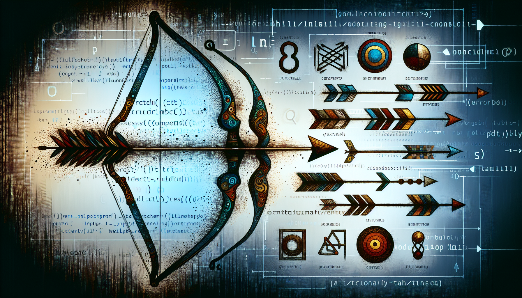Image illustrating abstract concepts associated with JavaScript programming language features: specifically, arrow functions. The primary focus of the image is a series of thematic elements, such as archery bows with arrows pointing towards different geometric shapes. The different targets could suggest different uses and syntaxes. There are also artistic representations of curly braces and other notable symbols from JavaScript syntax. Background could be binary code to represent the digital realm. No people, text, brand names, or logos should be included in this image.
