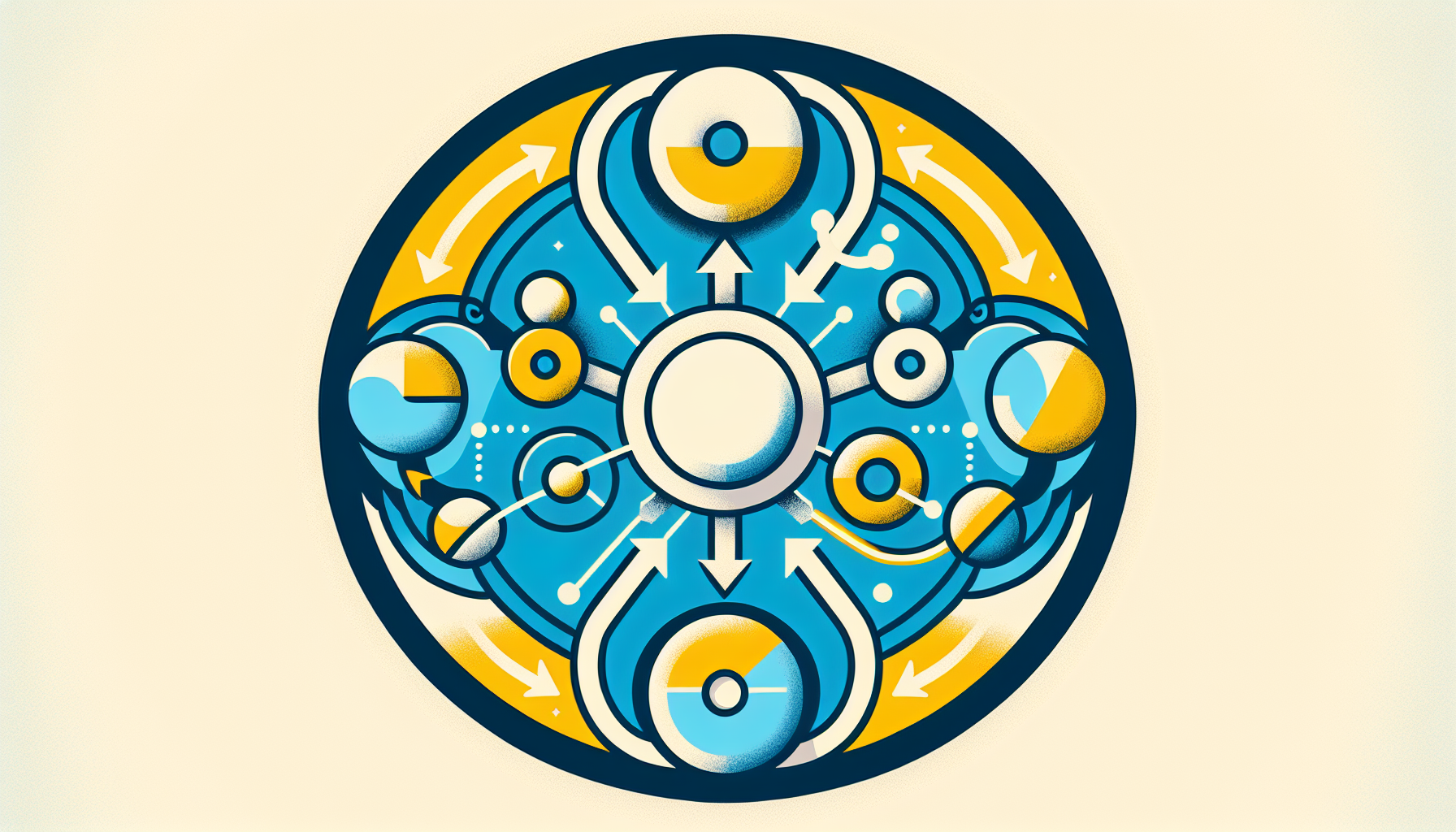 An abstract interpretation of JavaScript's event loop and concurrency model without incorporating any explicit text or human figures. The centerpiece is a large circle symbolizing the event loop, connected to several smaller circles, each representing microtasks and macrotasks. Arrows are indicating the flow from macrotasks to event loop to microtasks, embodying the non-blocking I/O model. The color palette consists of soft blues and yellows, reminiscent of classic JavaScript logos but without infringing on any trademarks.