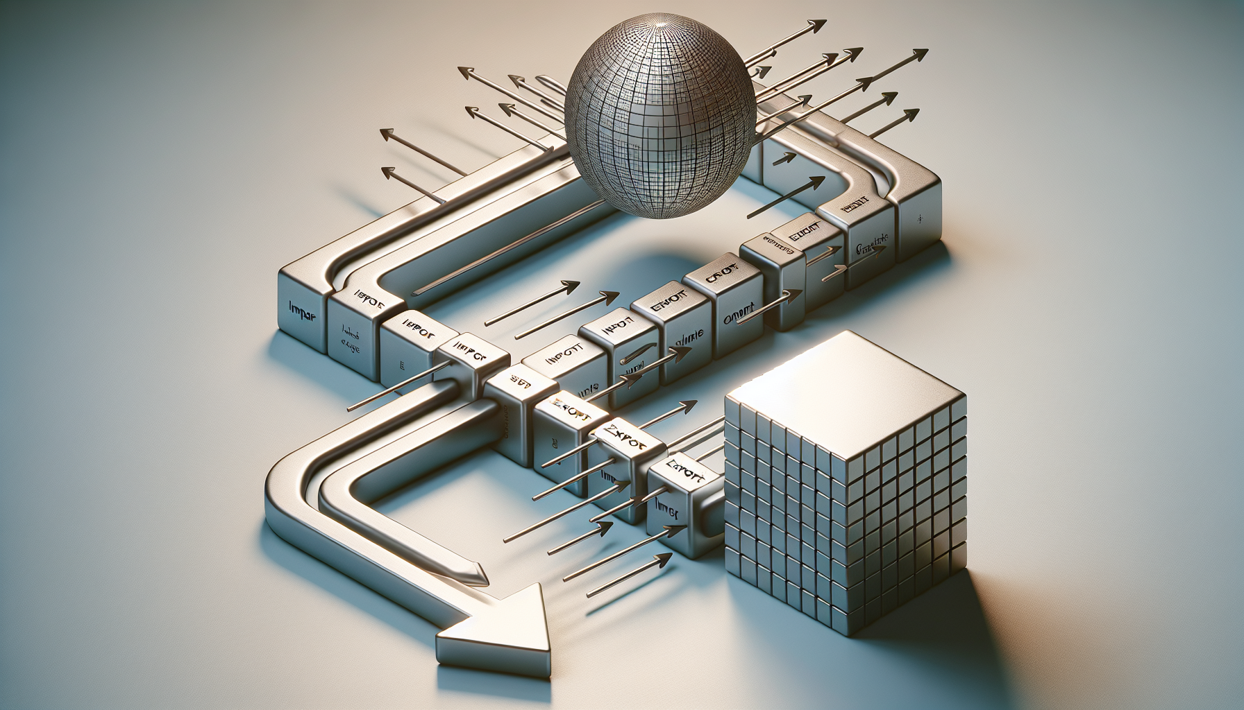 A conceptual image that symbolizes 'import' and 'export' in the context of JavaScript Modules. To represent this, envision two 3D geometric shapes: on the left, a sphere with multiple curved arrows going inside it, denoting 'import'. On the right, a cube with multiple straight arrows coming out of it, signifying 'export'. In the middle distance, imagine a pencil-thin silvery path that links the two shapes, suggesting the dynamic flow of information from one entity to another. Select a neutral, non-intrusive background to ensure focus is on the main elements. Please ensure there are no human figures, text, brand names, or logos in the image.
