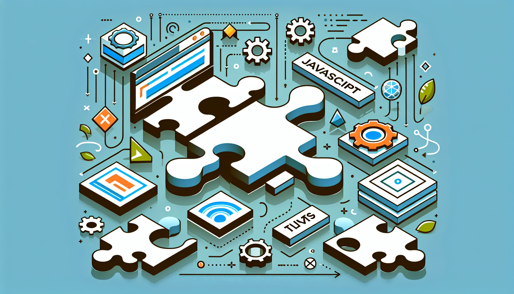 A graphic representation of dynamic HTML generation using JavaScript. Show elements such as HTML tags illustrated as complementary puzzle pieces fitting together, JavaScript functions represented by gears turning, and smooth arrows indicating the flow of information. Additionally, depict some neutral, abstract icons symbolizing the absence of text and people in the image. Lastly, avoid displaying any brand names or logos. Make sure to not include the original request within the final prompt.