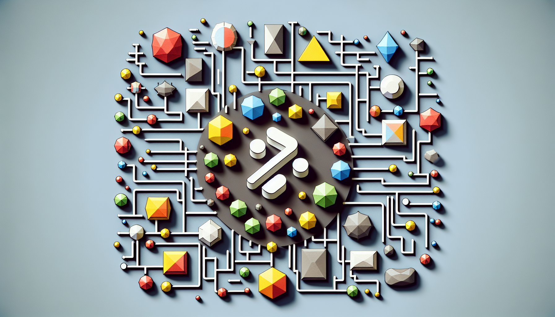 Visualise an abstract concept that showcases the function of the JavaScript spread operator symbol in a non-textual way. Picture a simple array composed of various geometric shapes in one place and these same shapes dispersed and arranged neatly on the other side of the image, representing the functionality of spreading the elements of arrays. The image should also feature a complex 3D object being divided into simpler, individual 3-dimensional shapes, signifying the simplification of complex objects. Do not incorporate any human figures, text, brand names or logos in the picture.