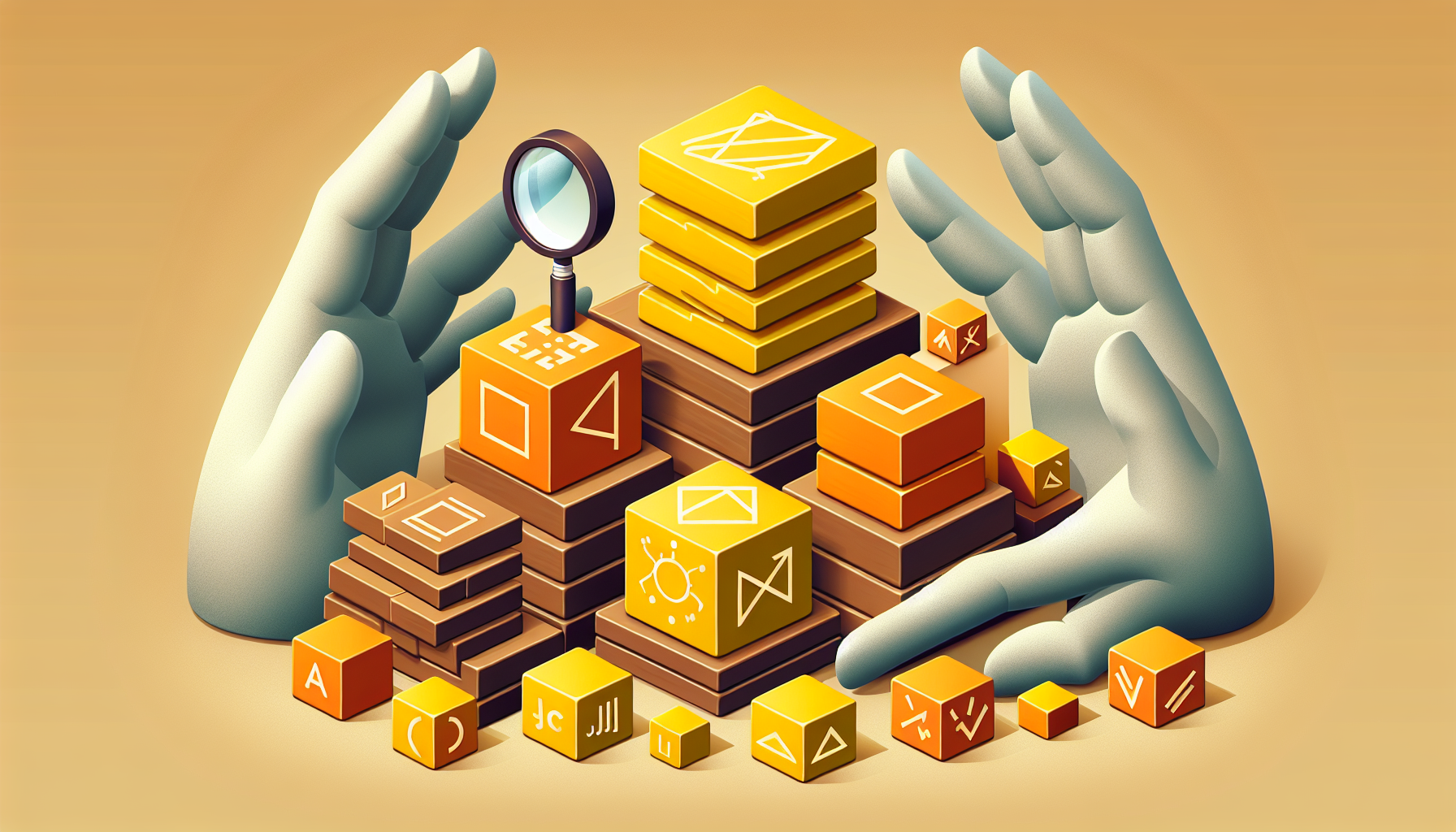 An image representing the concept of JavaScript arrays. The main element is a pile of square blocks with its corners rounded, similar to classical wooden blocks often used to depict a set of elements. The blocks are in different shades of yellow and orange that represent JavaScript's scheme colors. Each block is marked with an abstract geometric shape, symbolizing a unique value or element in an array. Next to the blocks, there is an oversized magnifying glass inspecting a block, showcasing the concept of 'Methods'. And on the other side, a pair of huge disembodied hands is rearranging some blocks, which is illustrating 'Manipulation'.