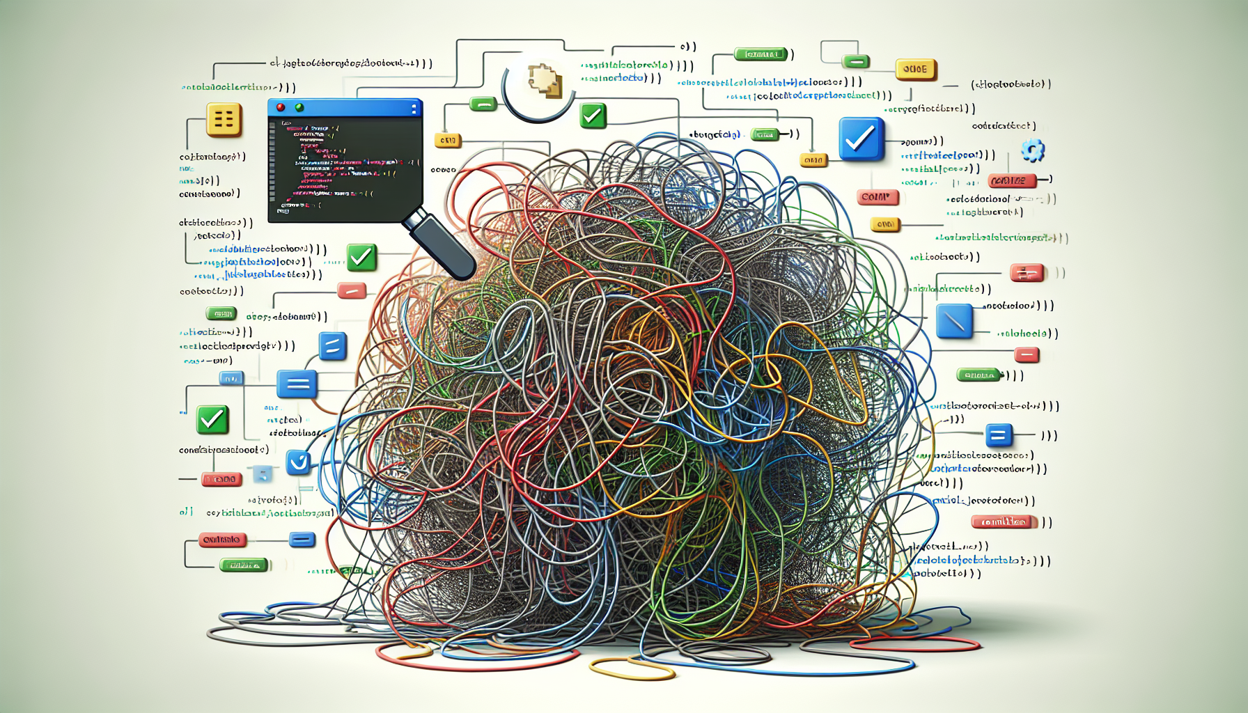 An abstract representation of JavaScript code and the concept of destructuring assignment without text. The image showcases tangled threads, each in different colors representing various variables in coding. The process of untangling the threads signifies the simplification and cleaner code achieved by destructuring assignment. Also, feature checkboxes representing conditions being satisfied, and a magnifying glass hovering over the threads symbolizing the scrutiny of code. No people, brand names, or logos are present.