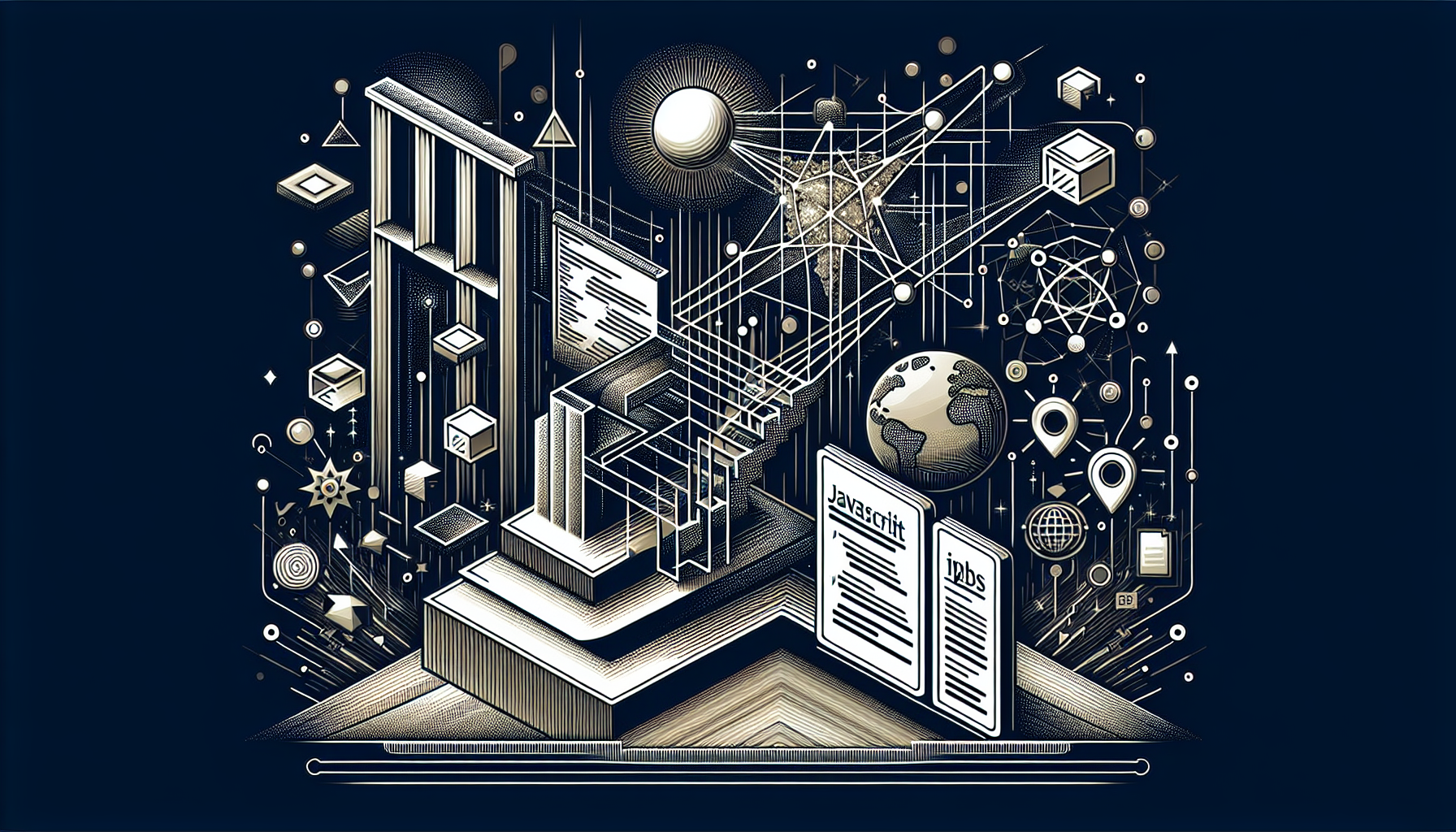 Illustrate a metaphorical representation of JavaScript's pivotal role in modern web applications. The image should depict a foundational structure, like a bridge or an architectural marvel built out of lines of code cascading into shapes demonstrating web applications. Also, represent web applications through symbols such as abstract geometric shapes or a globe. The design should avoid using people, text, brand names, or logos. Incorporate a modern, digital aesthetic to reflect the contemporary web environment.