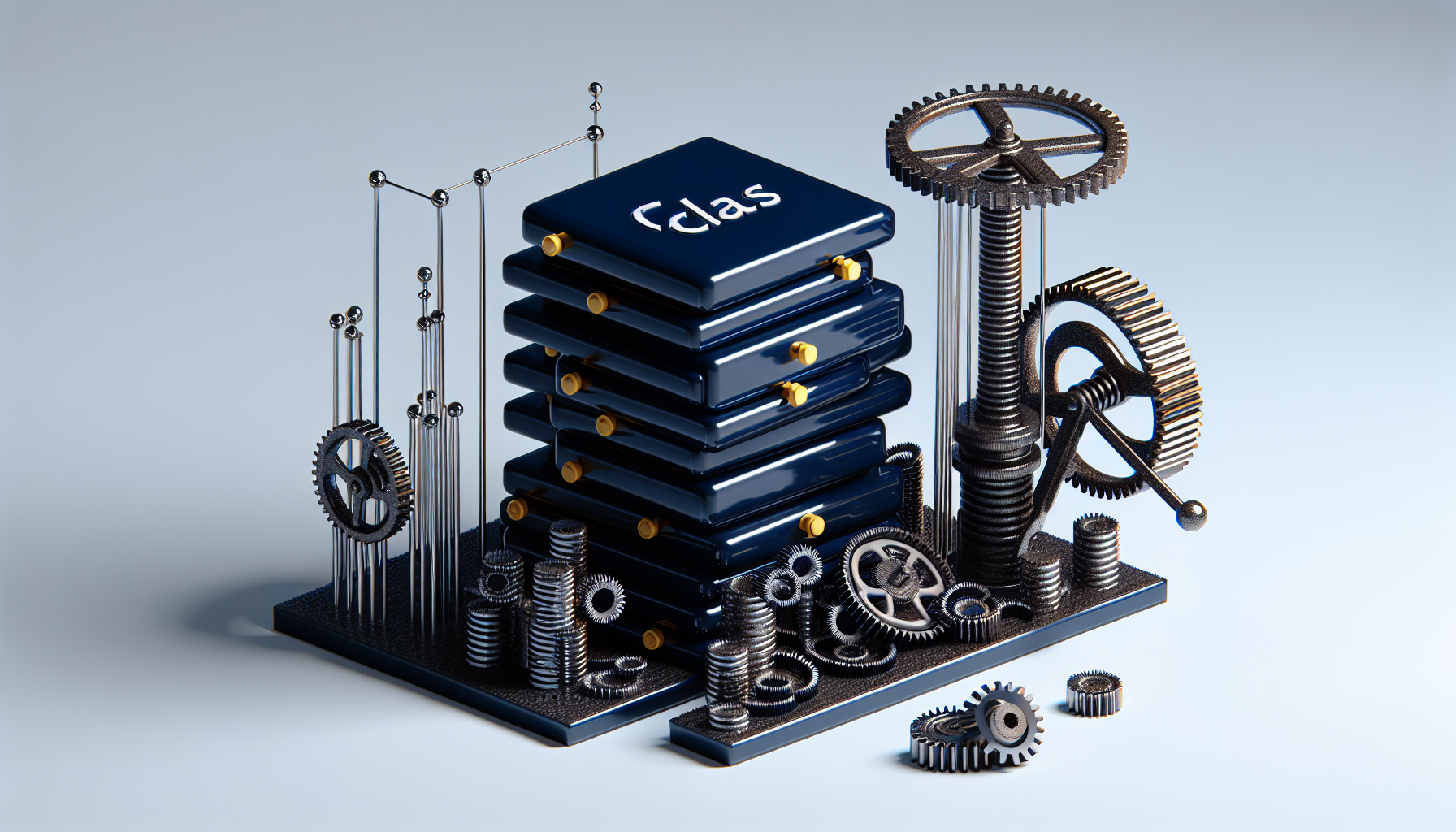 An abstract representation of JavaScript coding elements. Center stage is a tangible representation of a 'class', crafted from navy blue blocks with golden connectors. Next to it, a metaphor for a 'constructor' depicted as a hand-cranked machine with silver gears and rods near the class. The environment around these items is monochromatic, devoid of any text, brands, logos or people, emphasizing the focus solely on these JavaScript concepts.
