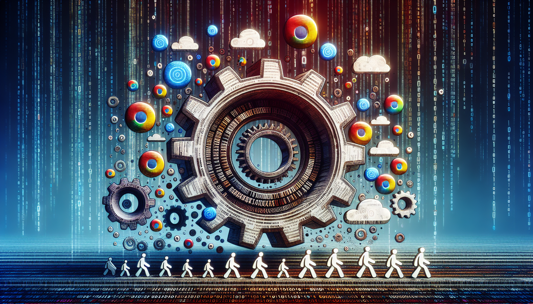 An abstract image representing the concept of manipulating browser history using JavaScript. Picture a large, three dimensional gear that symbolizes the mechanical workings of the function, it is made out of text script, alluding to the JavaScript language without actually featuring text. Surrounding the gear, see floating symbols of internet browsers represented in a simplified, generic form to avoid brand names; they are being led by a line of digitally represented footsteps, showing history being manipulated. The surroundings are filled with binary codes in the form of clouds, referring to the computer environment. All elements are in a rich variety of colors.