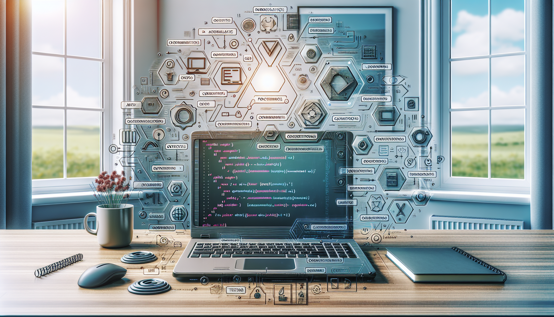 A conceptual depiction related to programming in JavaScript for beginners. The image includes a non-branded laptop on a desk with visible code snippets, abstract representations of JavaScript syntax. A serene environment is depicted in the background, with a bright window, hinting at a comfortable study space. Also, scattered are various symbols representing key concepts of JavaScript like objects, arrays, functions and looping systems, reinforcing the 'best practices' theme. There is visible emphasis on conventions like modularisation, comments, testing, debugging, and variable naming. Keep the image neutral with no human characteristics or figures.