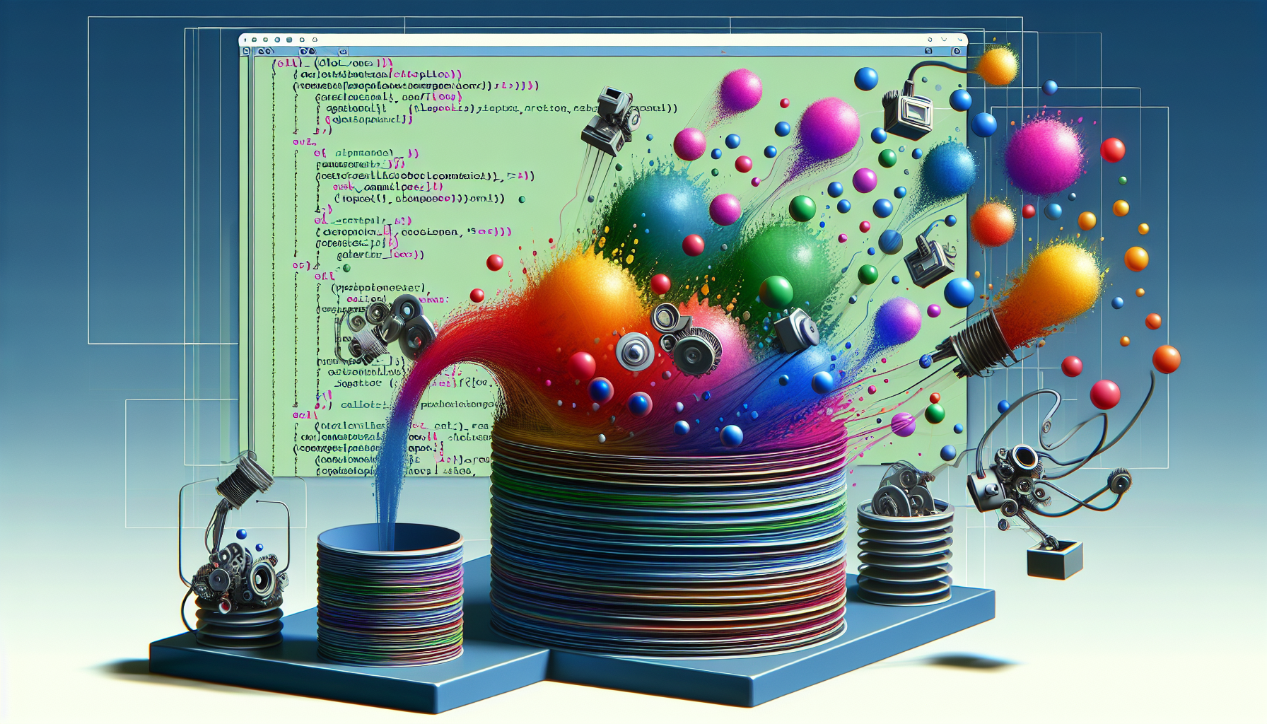 An abstract representation of memory management in JavaScript. On one side, there are several free-form, multicolored blobs signifying various memory allocations. Floating around are small mechanical contraptions, symbolizing automatic garbage collectors, that are siphoning off fragments of the blobs, representing the de-allocation of memory. In the background, a simplified representation of a JavaScript code snippet without any real code or brand names. The image presents a dynamic, engaging interpretation of a complex technical concept.