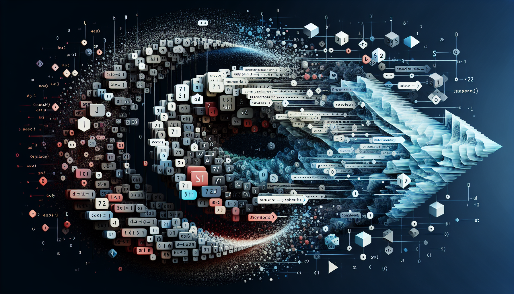 An abstract concept visualisation of JavaScript type coercion or automatic type conversion. The image can show the concept of transformation, using the form of irregular shapes or multidimensional objects that are seamlessly changing from one to another, symbolising different data types such as number, boolean, and string. Remember not to include any human figures, text, or brand names in the visualization.