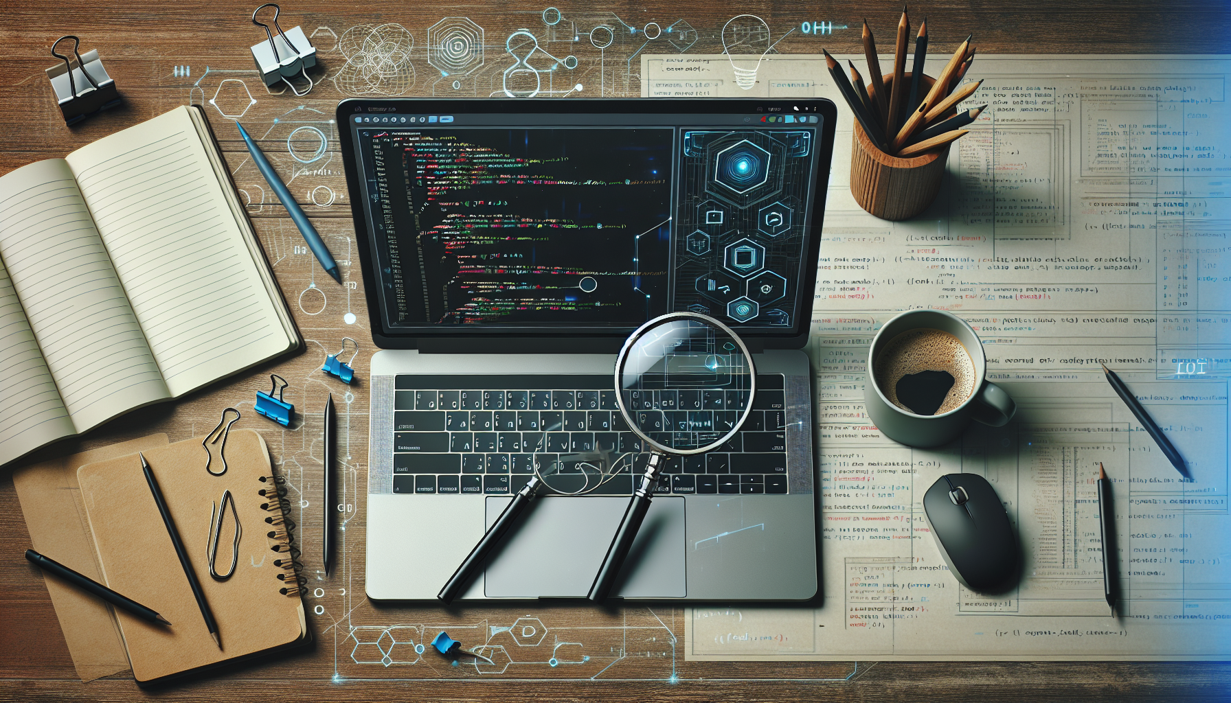 An image showcasing an open laptop, displaying a programming interface with elements of a form but without any words or text. The laptop is placed on a desk surrounded by coding themed objects such as a magnifying glass inspecting lines of codes, a coffee mug, and a notepad with a pencil. The overall ambiance suggests a creative coding environment.