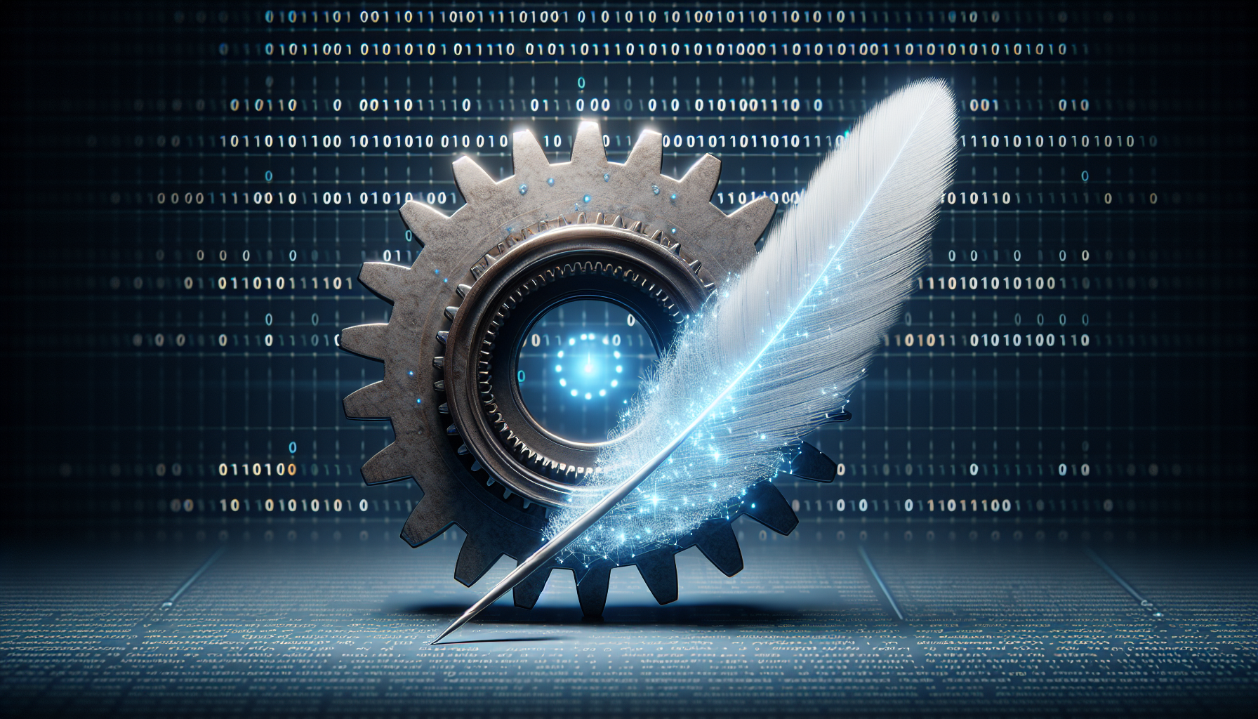 A minimalist and modern representation of performance optimization in programming. This can include a sleek metal gear meshing with a lightweight feather to symbolize optimization, placed against a binary code background to represent programming. The gear and feather are glowing as if power is surging through them, suggesting an increase in performance and productivity. The color palette could include shades of blue, gray, and white which are common in coding interfaces. Remember not to include people, text, or any brand names or logos in the image.