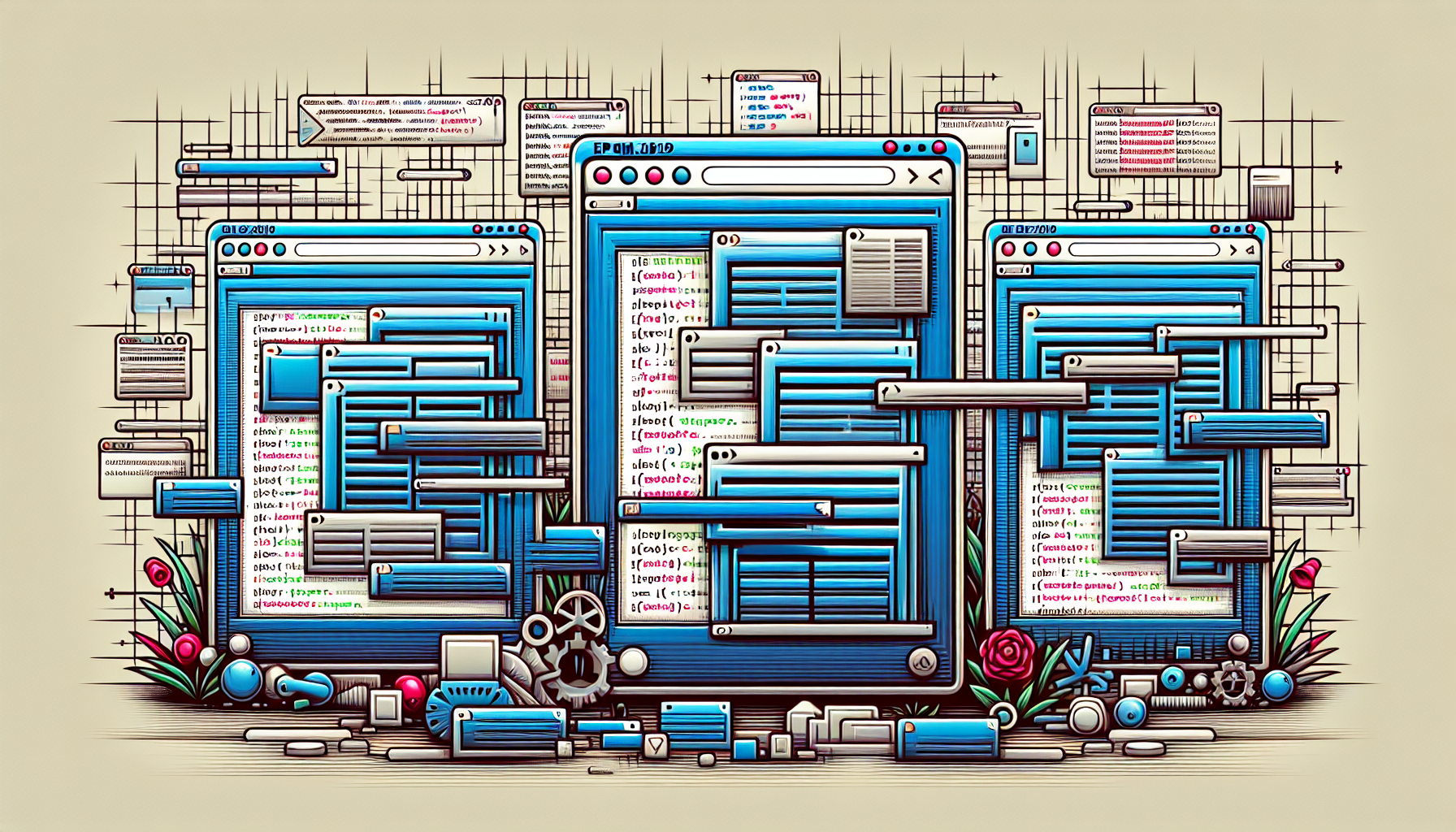 An abstract representation of cross-browser compatibility issues in JavaScript. There are three browser windows illustrated side by side, each depicting a different version of a webpage. The first browser displays a smoothly running webpage with interactive elements such as buttons and sliders. The second browser displays the same webpage but the elements are poorly aligned and overlap. The third browser shows error messages instead of the webpage. There is a backdrop of code snippets representative of JavaScript. All without any identifiable text, people, brand names, or logos.