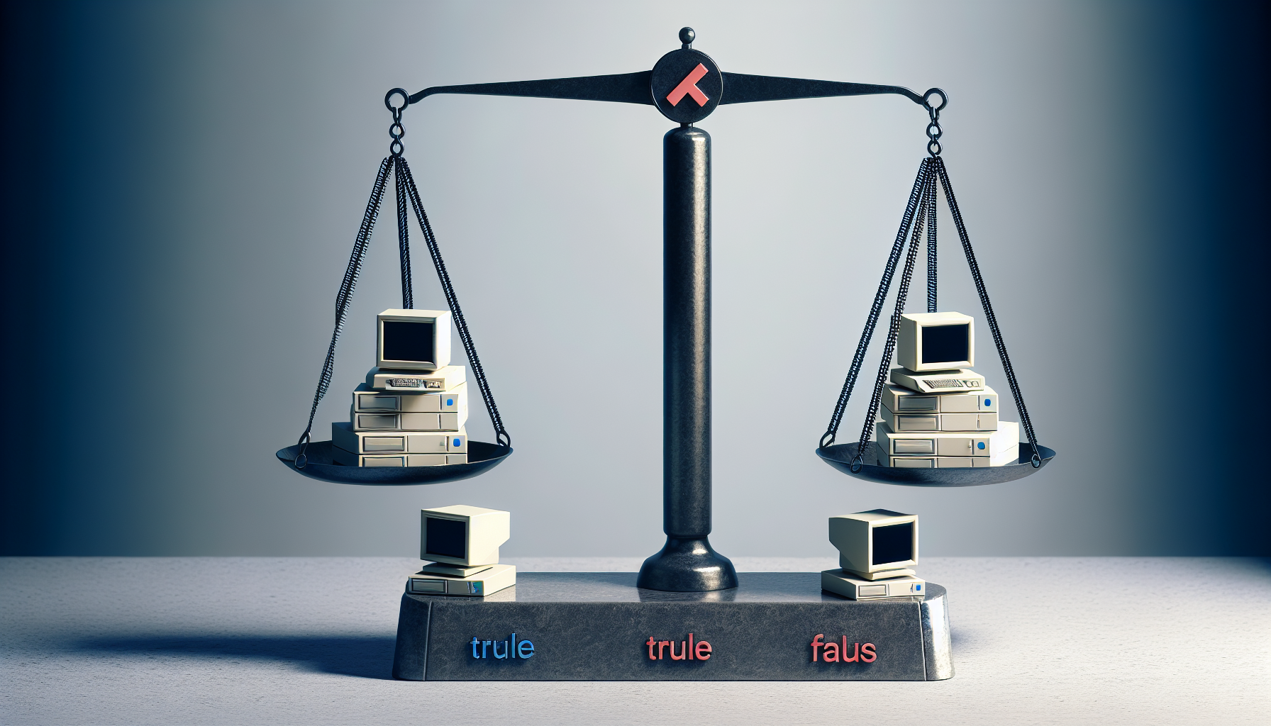 A visual conceptualisation of conditional statements in coding, particularly in JavaScript, as implied by a set of scales balanced with differently weighted symbols representing true and false. Stack of simple, unbranded computers on each side of the scale shows both sides of the condition - one where the statement returns true, the other where it returns false. No people are included in the image, with a strong emphasis on the abstract nature of programming languages and decision-making in code.