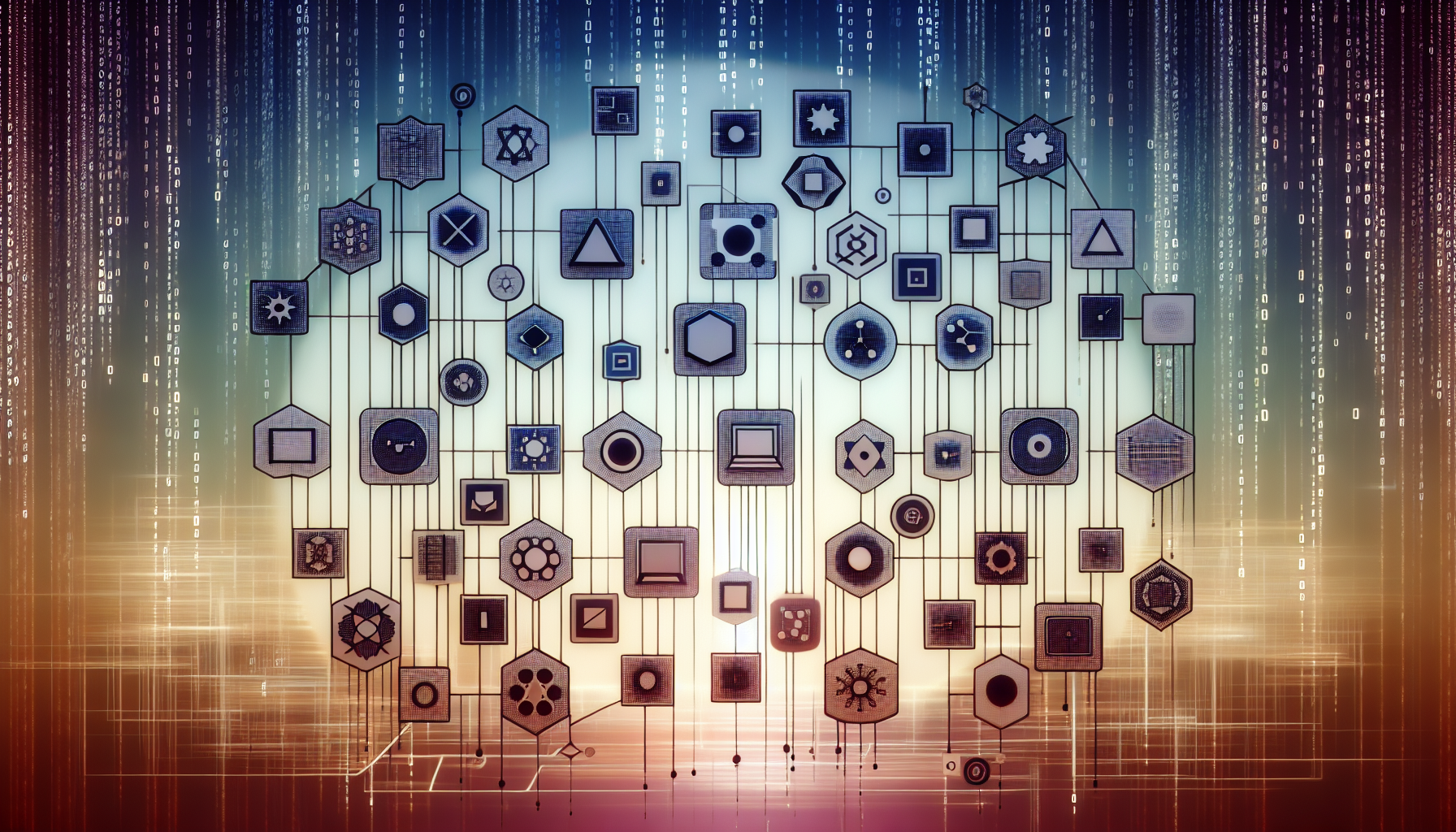 A visually interpreted representation of different JavaScript testing frameworks. Imagine a complex network diagram, each node representing a testing framework. Each node is symbolized by a different geometric shape: circle, square, hexagon etc. In the background, fading binary code conveys the digital nature of these frameworks. Ensure no text or human figures are present. Also, avoid any brand names or logos.