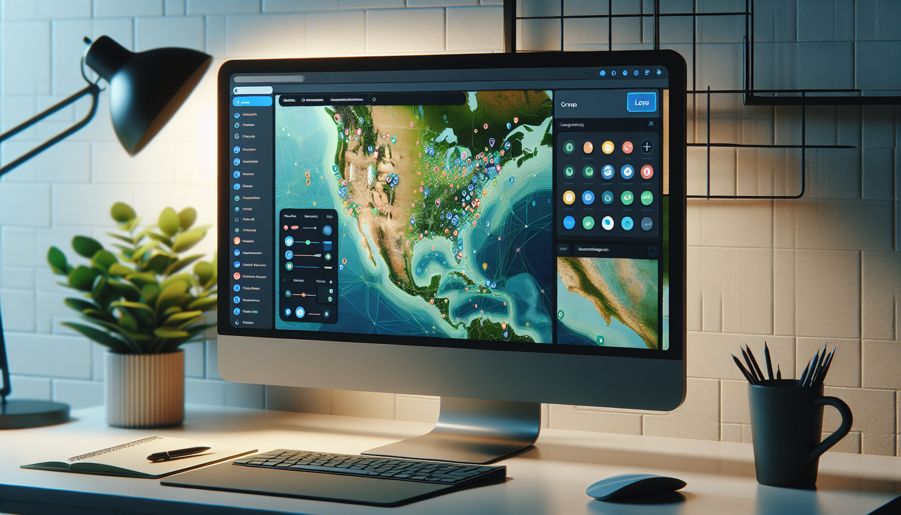 A visual representation of a desktop computer showcasing an interactive map on its screen. The map is filled with different geographical locations represented by various shades of green and blue, indicating land and water respectively. The interface of the map shows various controls and tools typically used in JavaScript-based web mapping, including a zoom feature and navigational buttons, but with no identifiable text or brand logos. The computer is set in a tranquil home office setting, featuring elements like a foliage plant, a coffee cup, a lamp for illumination, and a notepad but again without visible text or logos.