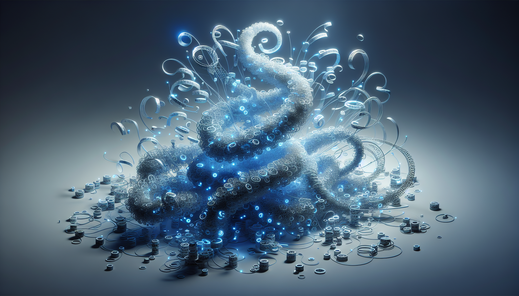 An abstract image symbolizing automation and repition in the context of Javascript programming language. Picture a plethora of swirling, interconnected loops, suggesting iterations, overlapping and extending endlessly. Each loop is rendered in a glowing, electric blue color akin to common digital representations of code. Keep the background a soft, neutral grey to contrast and highlight the loops. The loops could occasionally burst into smaller components, symbolizing the breaking down of complex tasks into simpler, repetitive ones. Despite the motion suggested, maintain a sense of order and precision to depict the controlled environment of coding.