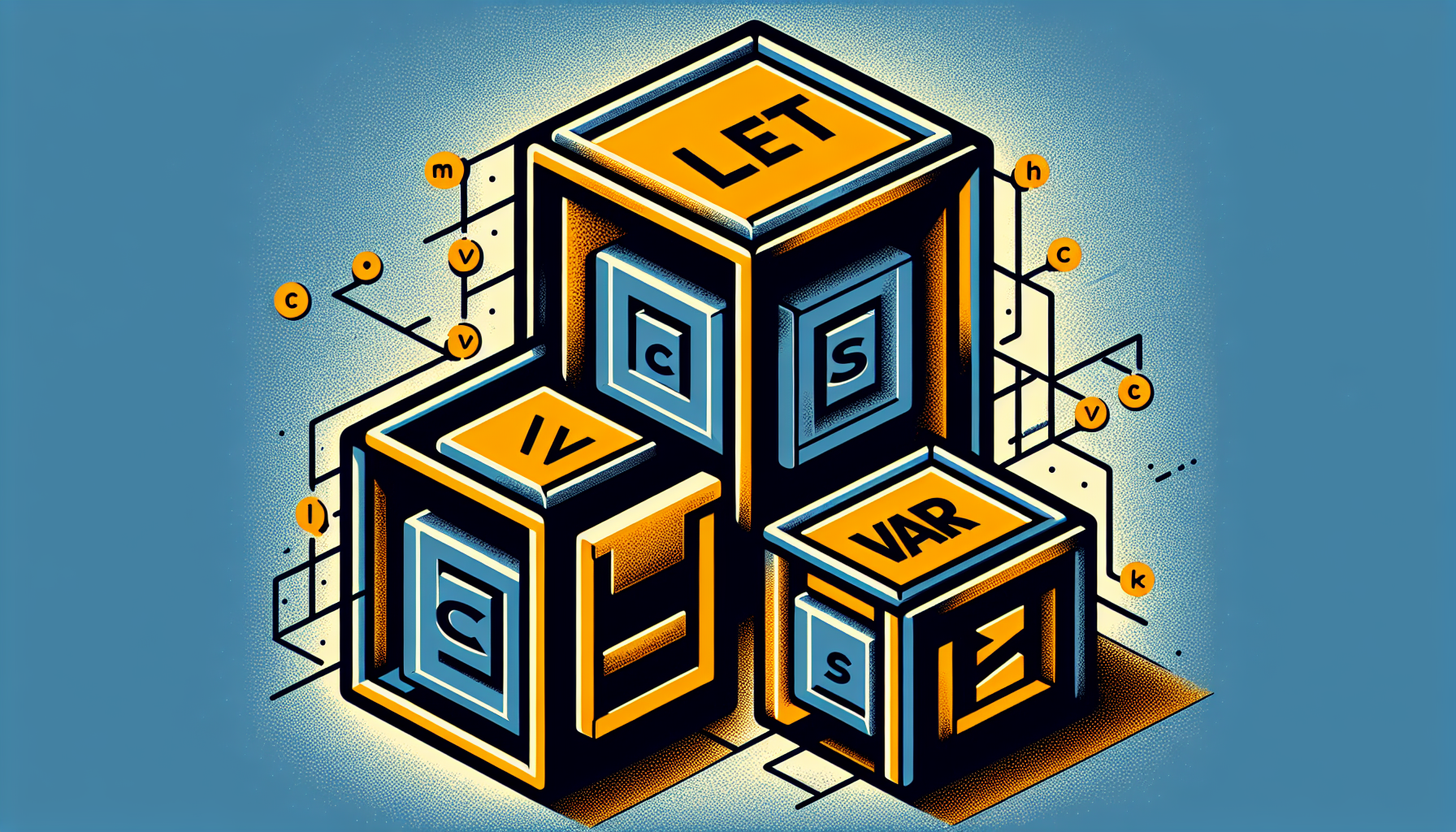 Create an abstract and symbolic representation of JavaScript variables: 'let', 'const', and 'var'. Illustrate a collection of three stylized containers or boxes positioned side-by-side. The box on the left signifies 'let' and should be depicted as open, signifying its mutable nature. The middle box represents 'const' and should be locked, indicating its immutable nature. The rightmost box signifies 'var' and should convey its hoisting nature, perhaps floating slightly above the ground. Do not include any text, people, brand names or logos within the generated image.
