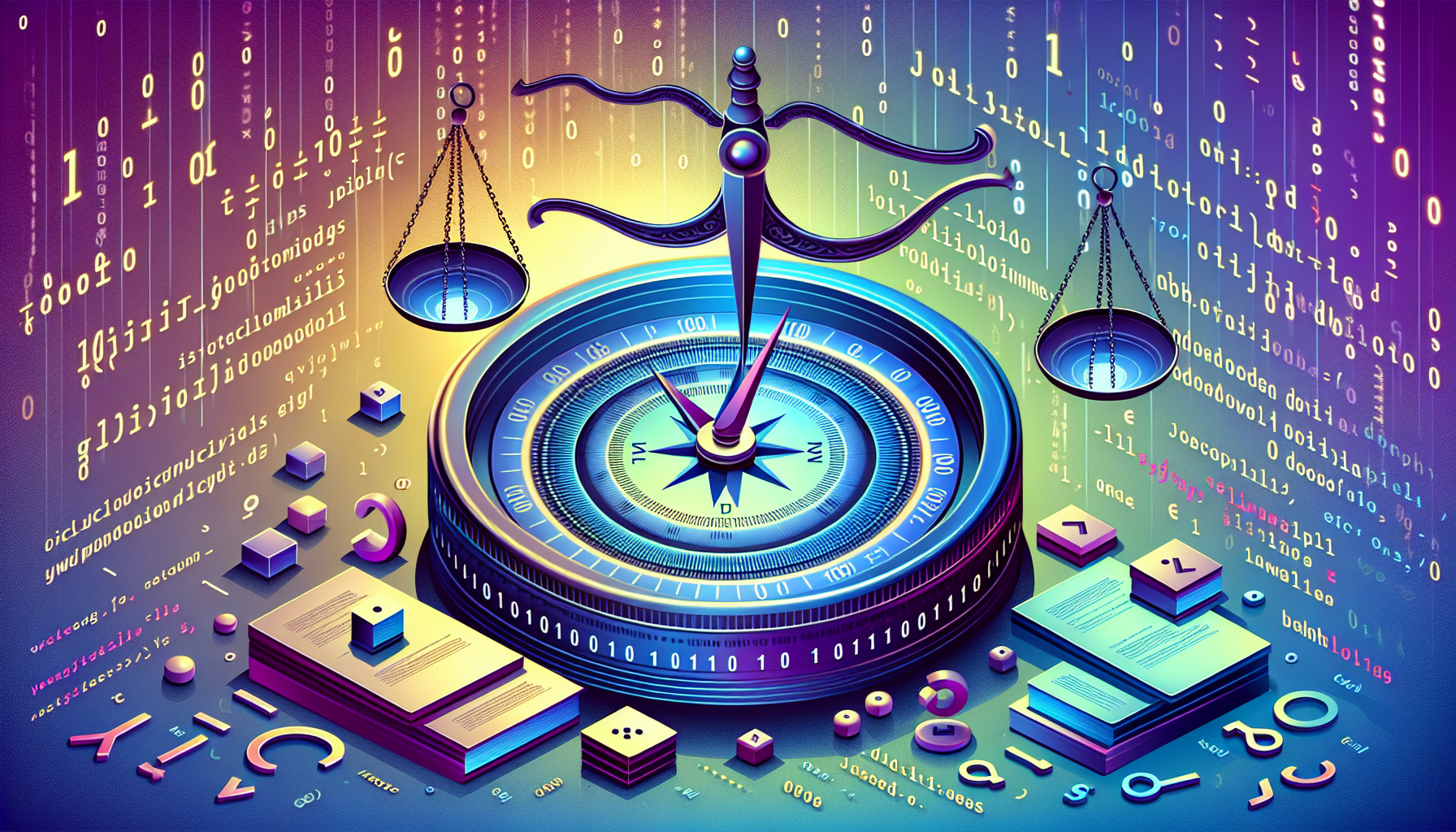 An abstract concept representing JavaScript's dynamic typing: a digital compass, representing navigation, pointing towards binary codes, which symbolize JavaScript. Balancing scales indicating pros and cons, sit atop the binary codes. Various symbols such as curly brackets, semicolons, and parentheses, elements of the JavaScript language, float around. The whole image is set against a background consisting of gradient hues associated with tech and coding, such as blues and purples. The scene has a vexel art aesthetic and minimalist style.
