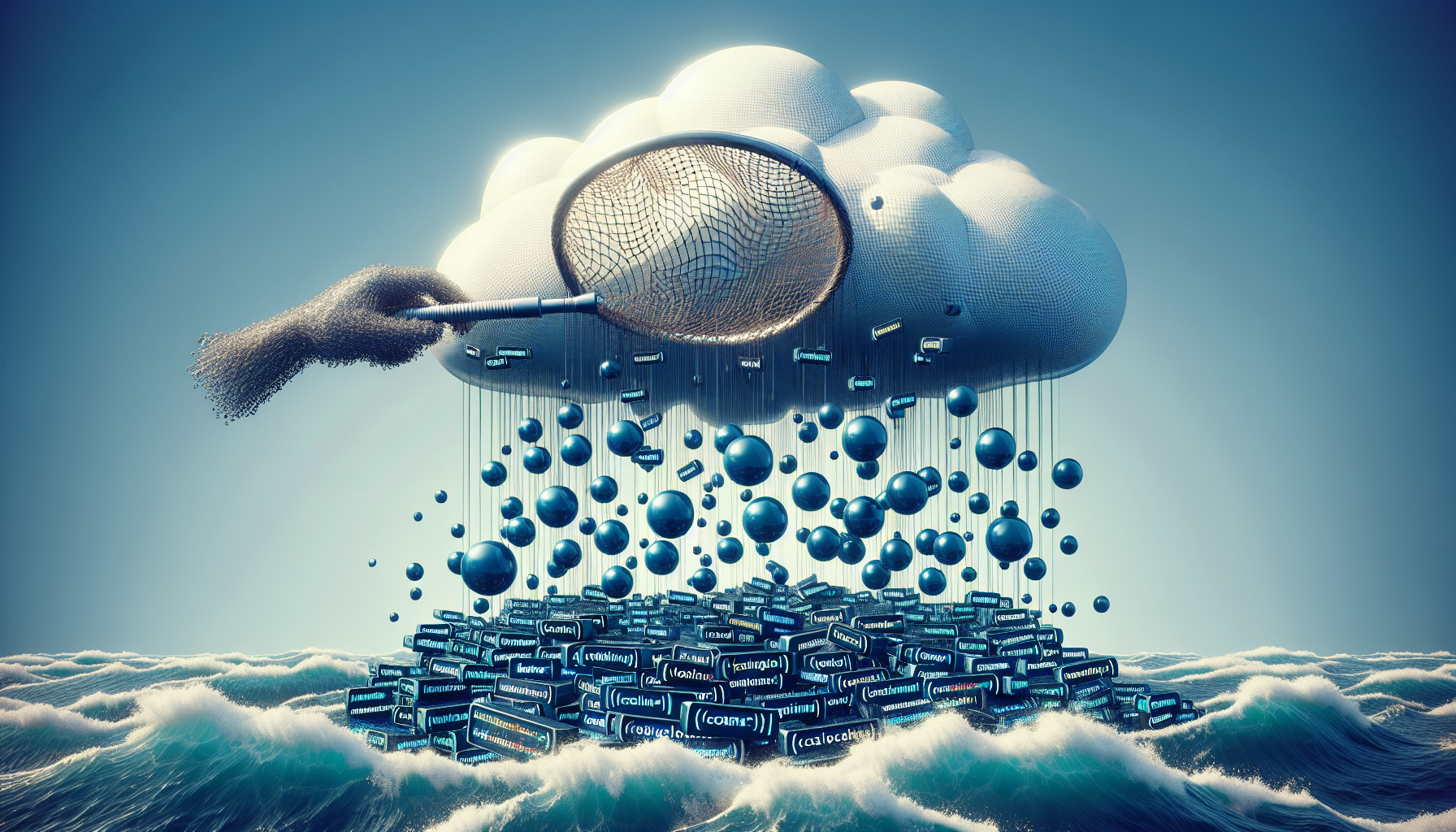 An image symbolizing event bubbling and capturing in JavaScript, expressed in a non-literal way. Imagine a large bubble rising from a sea of code blocks, demonstrating the concept of event bubbling. On the other hand, a large hand or net is descending from above to capture these bubbles, illustrating event capturing. Ensure the image does not contain any humans, text, brand names or logos.