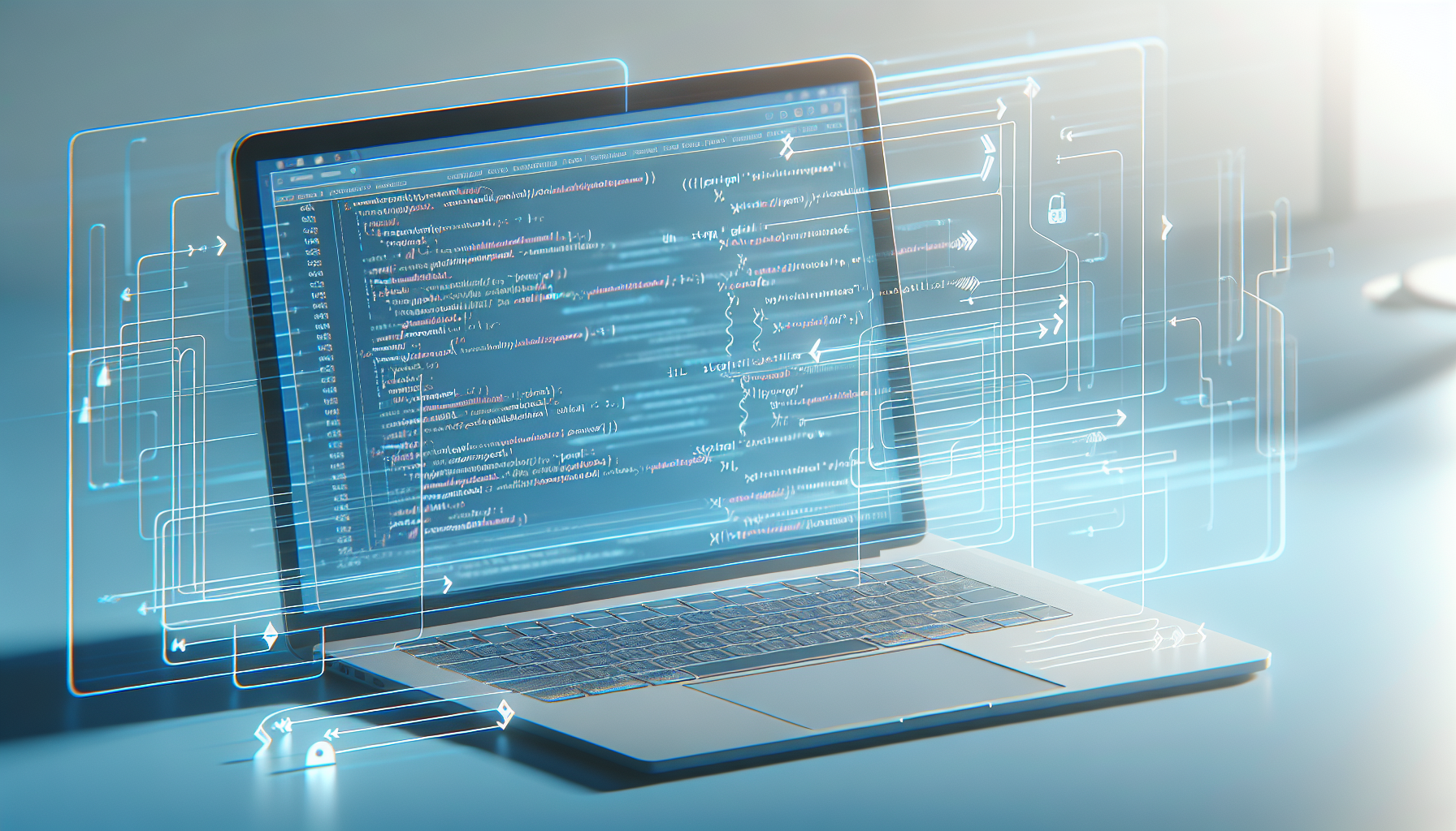 An image with digital layout, integrating visual symbols of coding and internet browsing to depict the concept of XMLHttpRequest in JavaScript. There's a laptop screen showing lines of neat code that specifically denote HTTP requests, intersected by semi-transparent virtual arrows, signifying data exchange. This scene captures the essence of data communication and coding, but without any explicit textual elements, brand names or human figures. Soothing color gradients of blue and white can provide a sense of calmness and inspire focus.
