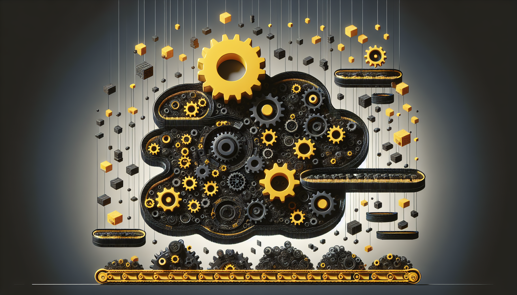 An abstract visualization of JavaScript callbacks handling asynchronous operations. Consider featuring multiple layers of cogs, showing the idea of different processes working together. The largest cog could represent the main JavaScript thread, while smaller cogs floating around it symbolize callbacks being triggered at different times. A metaphorical conveyor belt could show abstract data packets moving along it, representing asynchronous data transfers. Ensure the image does not contain any brand names or logos. The color scheme should be inspired by JavaScript's usual yellow and black color scheme. Note that no people or texts should be depicted in this image.