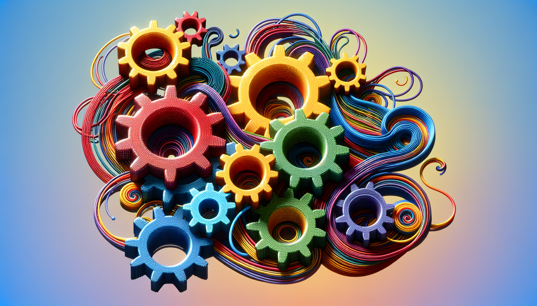 A symbolic image representing the concept of JavaScript Template Literals, without employing any text or people. Visualize a setting with gears interlocking in the shape of curly braces, which are typical of JavaScript syntax. These curling braces interact with a series of strings colored vibrantly and dynamically, weaving through the gears. Avoid the inclusion of logos or brand names in the image. As an element of dynamism, let's have the strings seeming to adjust their colors and paths in response to the moving braces, implying adaptability and versatility.