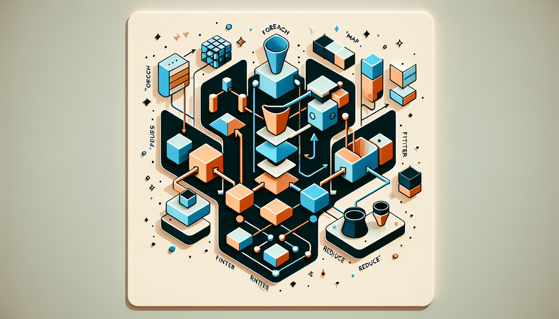 An abstract representation of JavaScript methods showing interconnected elements to illustrate the concepts of 'forEach', 'map', 'filter', and 'reduce'. It might include visual representations of arrays like squares or cubes, arrows indicating the flow of data, and symbols like funnels for 'filter' and compressing visuals to depict 'reduce'. Keep the color palette minimalistic, emphasizing on the relationship between these concepts. Remember to exclude any text, people or brand names, and focus on the abstract and symbolic representation of these JavaScript methods.