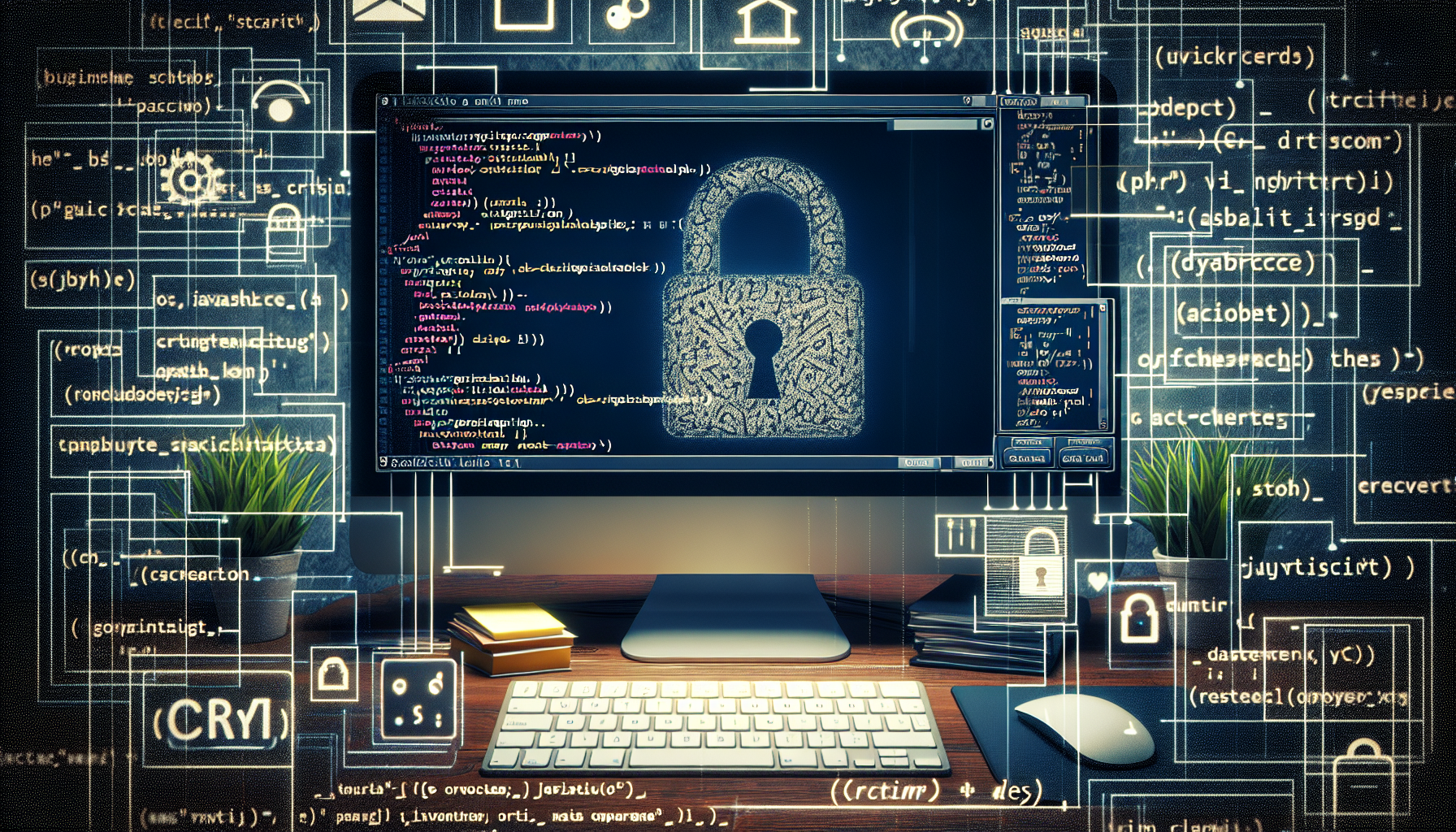 Create an imagery representation for the concept of 'JavaScript's Strict Mode' without including any text, people, brand names, or logos. Imagine a computer screen displaying open code documentation with the distinct symbols and characteristics of JavaScript coding, like curly braces and semicolons. Highlight the hint of 'Strict Mode' by depicting a padlock icon near the screen to symbolize robustness and stricter rules. Incorporate other relevant coding elements, like a keyboard or mouse, and holistic computing aesthetics to illustrate a programmer's workspace, yet refrain from specifying brands or featuring human characters.