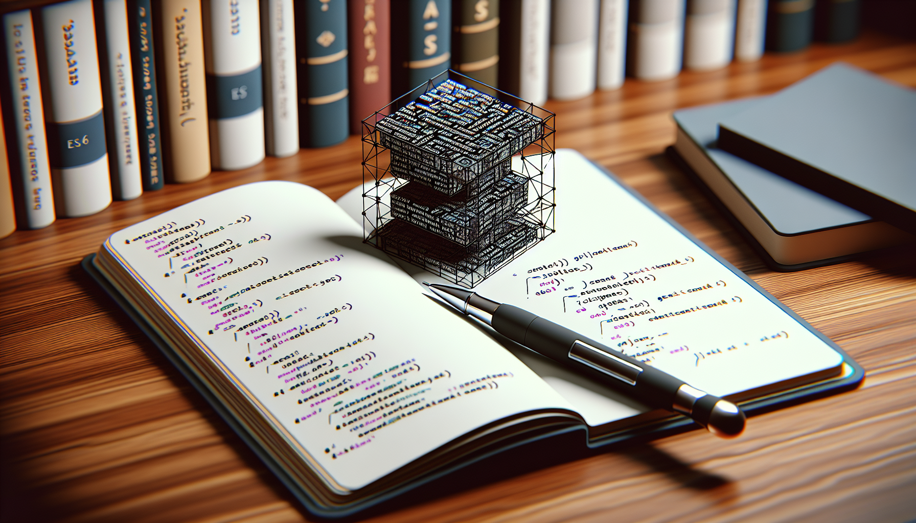 An image symbolizing the concept of JavaScript's ES6 classes. The main elements are an open notebook showing handwritten code snippets, a stylus pen highlighting particular lines on the notebook, and to the side a 3D model of a class structure made out of interconnected blocks. These blocks represent different methods and properties of a JavaScript class. All this is set against a calm library backdrop, devoid of any people or brand names. Ensure that there are no texts or logos appearing anywhere in the image.