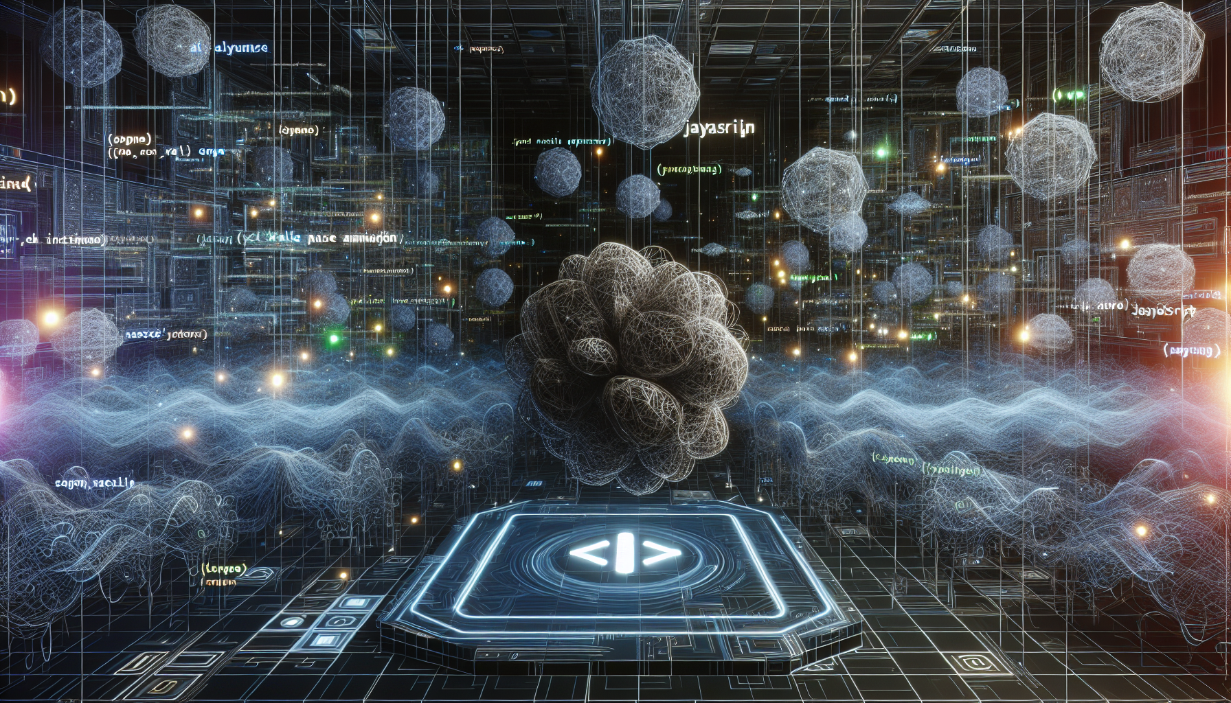 A digital environment depicting symbolic representations of JavaScript concepts. On one side, there is a complex yet organised mesh of intricate nodes, threads, and connectors representing Async functions, pulsating with digital energy. On the other side, symbols of a pause button signify the Await operator, like suspended animation amidst the lively threads. The space is immersive and futuristic, with no significant text, people, brand references or logos present. Overall, the scene is dynamic and radiates an abstract depiction of the world of JavaScript's Async and Await functionalities.