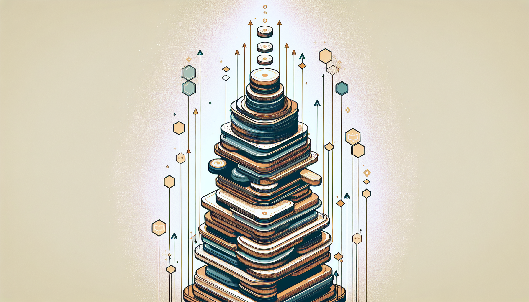 An abstract illustration signifying the JavaScript call stack. The focus is on a series of geometric shapes, each representing a JavaScript function, stacked one over another in a vertical pattern. Drawn against a light background, the shapes - perhaps circles, rectangles or hexagons, gradually lightens in hue as they ascend from the bottom representing the deepening of the call stack. Subtle arrows leading from one shape to another in upward direction suggesting data flow or call hierarchy. The top of the stack, represented by the lightest hue shape, is slightly bursting with sparkles, signifying a function returning after execution. Please avoid including any brand names, logos, text content, or people in the image.