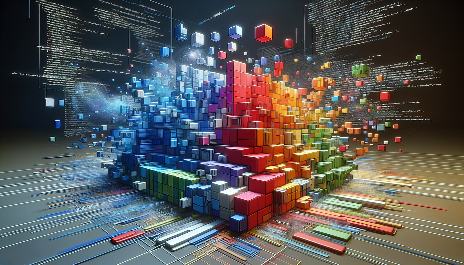 Depict a very large, flexible, responsive, and touch-friendly navigation menu composed of several colorful blocks. Each block represents a different website category. The blocks are shifting and rearranging themselves dynamically. The movement suggests that the blocks are interacting with invisible user input, which reflects the use of JavaScript. The environment around the menu is abstract and digital, with lines of code running in the background. However, no specific texts, logos, brand names, individuals or living creatures are included in the scene.