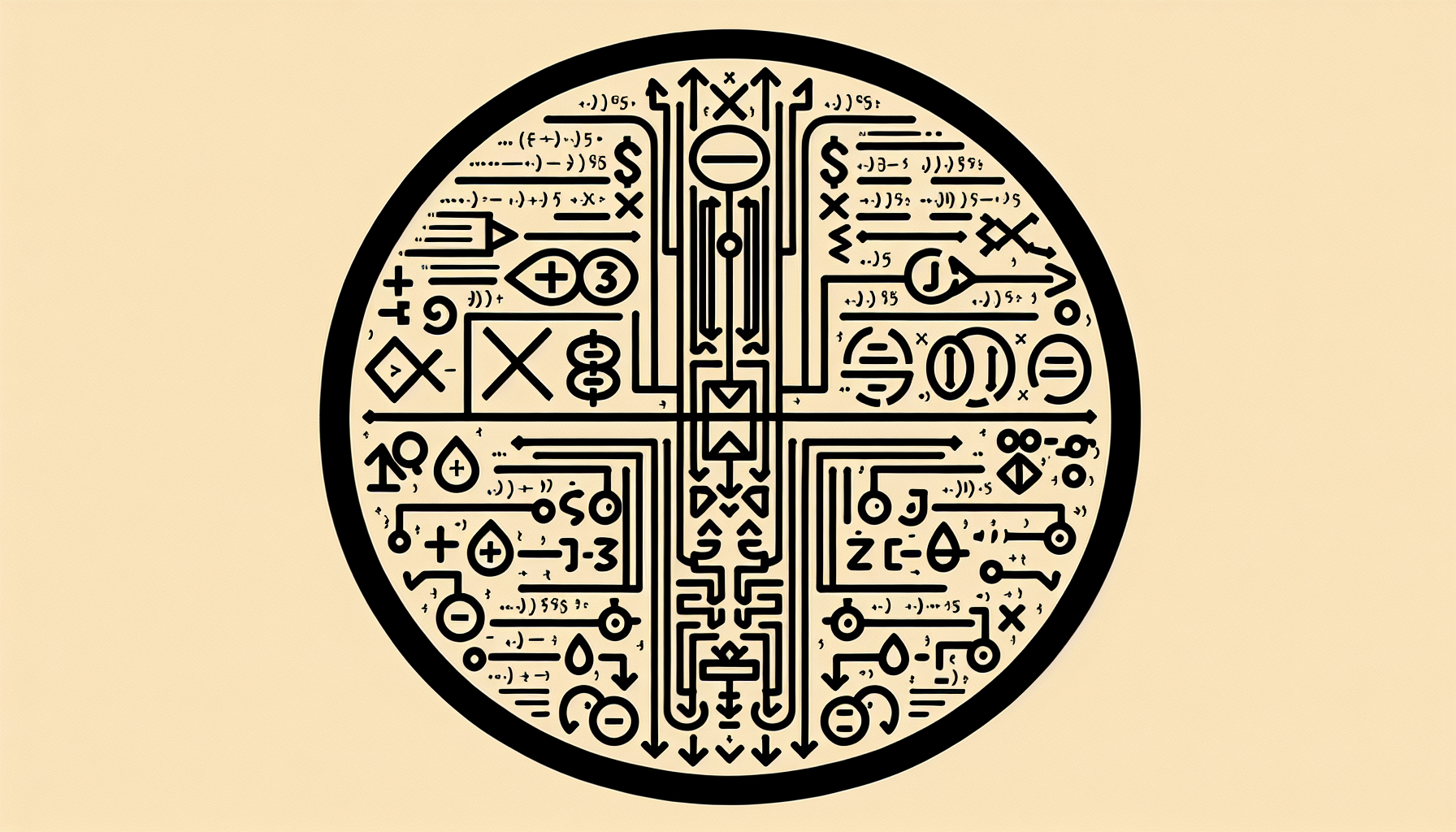 Draw an abstract representation of JavaScript operations, without any people or branding. The image should have two distinct sides. On the left side, depict symbols associated with arithmetic such as plus and minus signs, a division symbol, and a multiplication symbol. On the right side, depict symbols traditionally associated with logic such as a Venn diagram, a truth table, and an IF/THEN statement represented by arrows. Ensure not to include text within the image or on any items within the image.