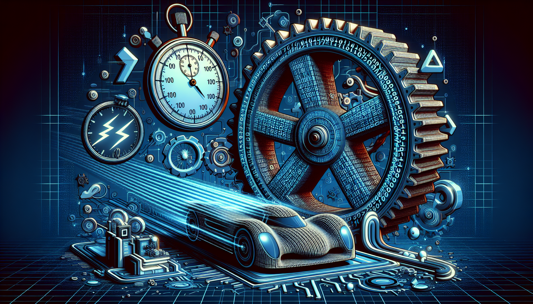 A stylized digital art scene depicting various JavaScript elements and symbols that represent optimization and performance. Imagine a large gear made out of binary code signifying smooth operation. Next to it, the outline of a fast, streamlined race car emanating lightning bolts, symbolizing speed. On the other side of the gear, a stopwatch that's frozen at a record-breaking time, indicating high performance. In the background, a complex maze of abstract, geometrical patterns that evoke thoughts of an efficient algorithm. All elements must not include any human figures, text, brand names or logos.