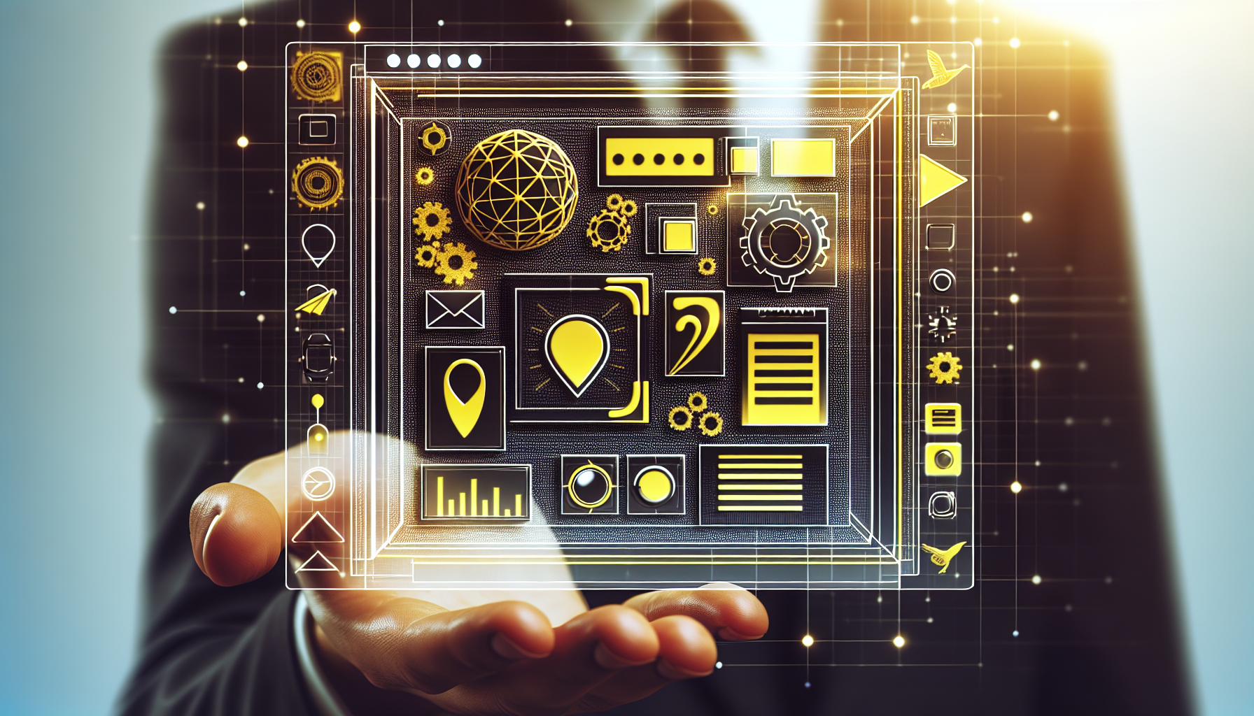 Imagery related to using JavaScript for implementing interactive elements in web design; visual representation might include an abstract design of a web layout, several interactive elements such as buttons, sliders, or pop-up windows, and the JavaScript's iconic yellow and black motif integrated as a design element. Remember, no text or brand logos should be included within the image, and there should be no people.