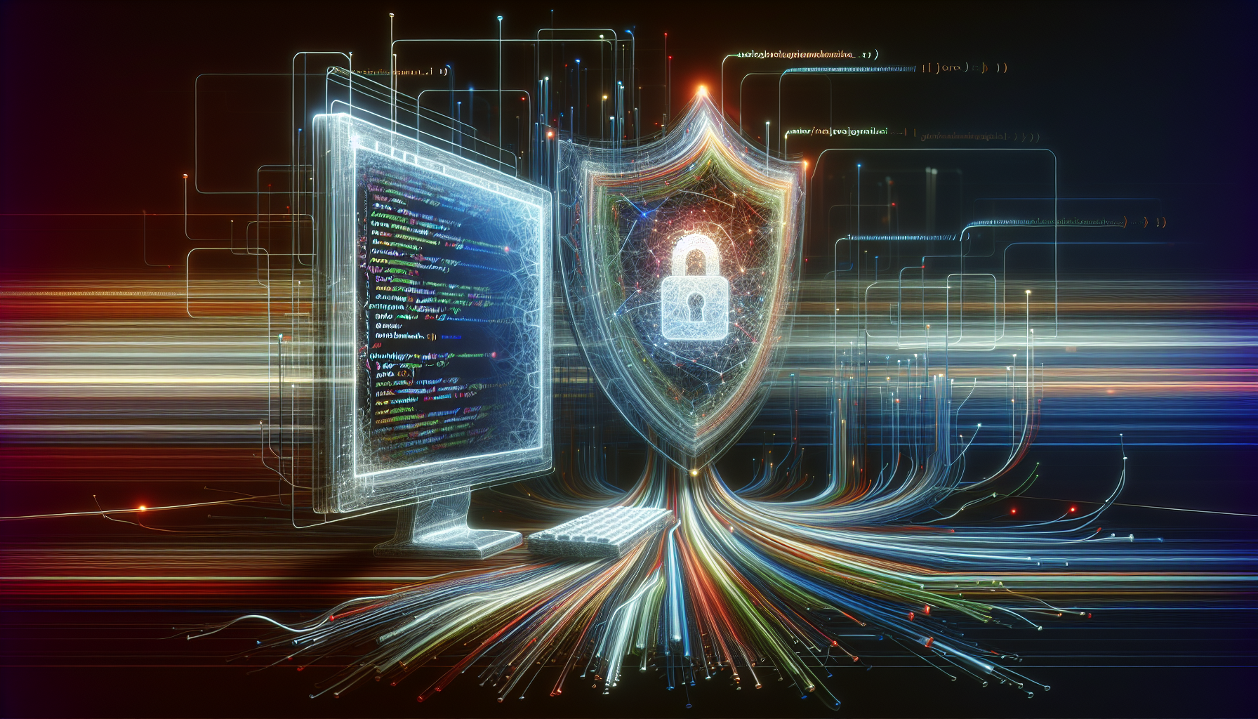 An abstract depiction of web security. The main focus being on a stylized, non-branded computer terminal from which an array of subtly pulsating, multi-colored lines splay out, symbolizing JavaScript code. A translucent shield-like structure originates from the terminal, overlaying the lines to represent the fortification against Cross-Site Scripting attacks. All elements are devoid of any text, brand names or logos, and no human figures are present in the image. The background fades from light to dark, implying increasing levels of security, and the illumination comes from the terminal, casting soft shadows.
